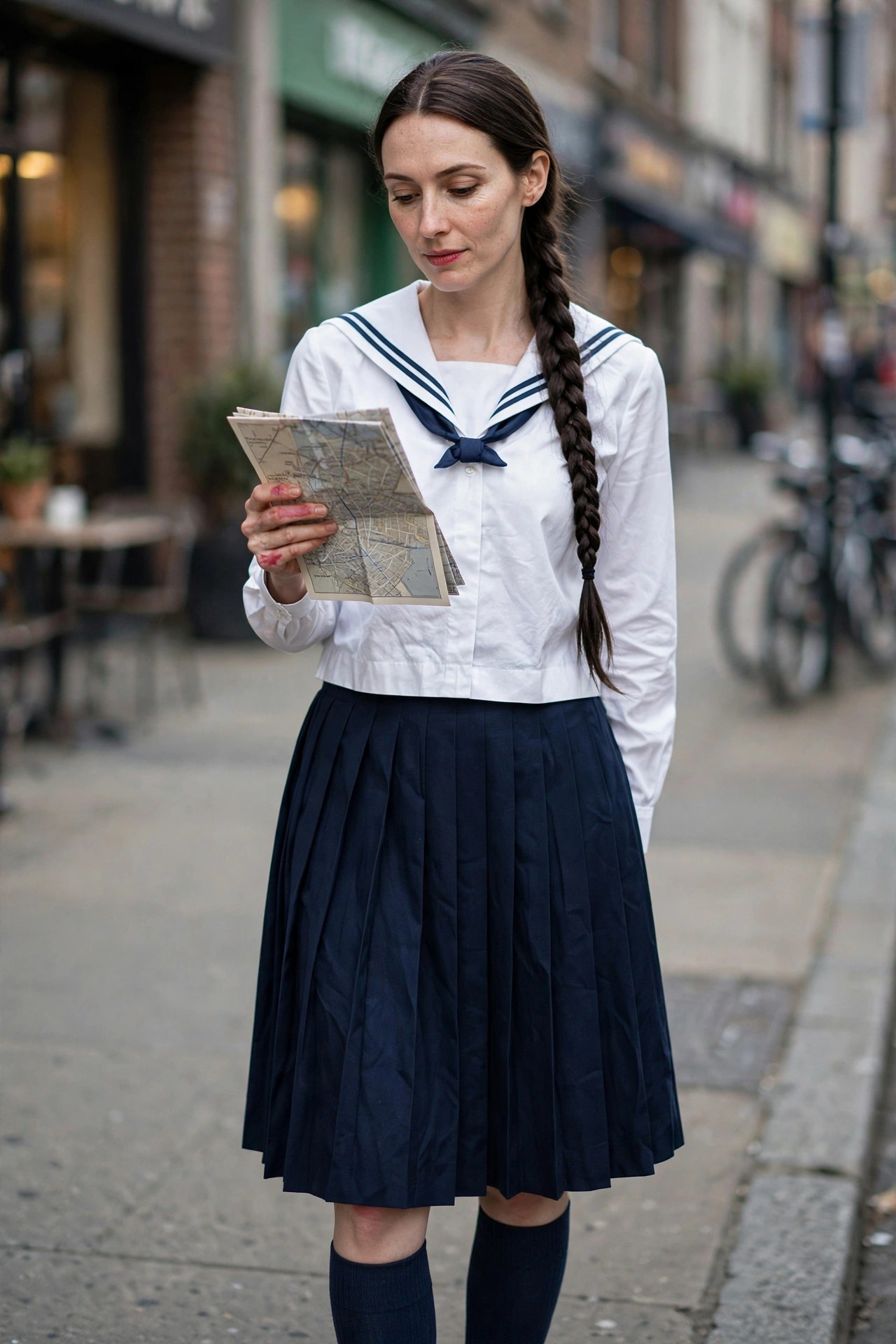Woman wearing a white sailor blouse with navy collar and tie paired with a navy pleated skirt, long braid, holding a map with blood on one hand.
