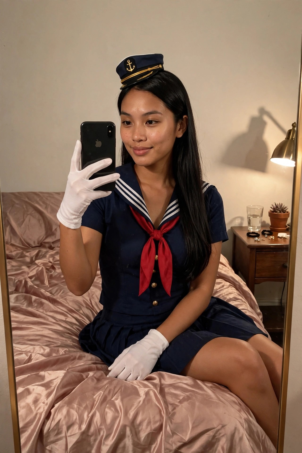 Woman wearing a navy blue sailor dress with red neckerchief, white collar stripes, gold buttons, matching sailor cap with anchor, and white gloves while taking a mirror selfie.
