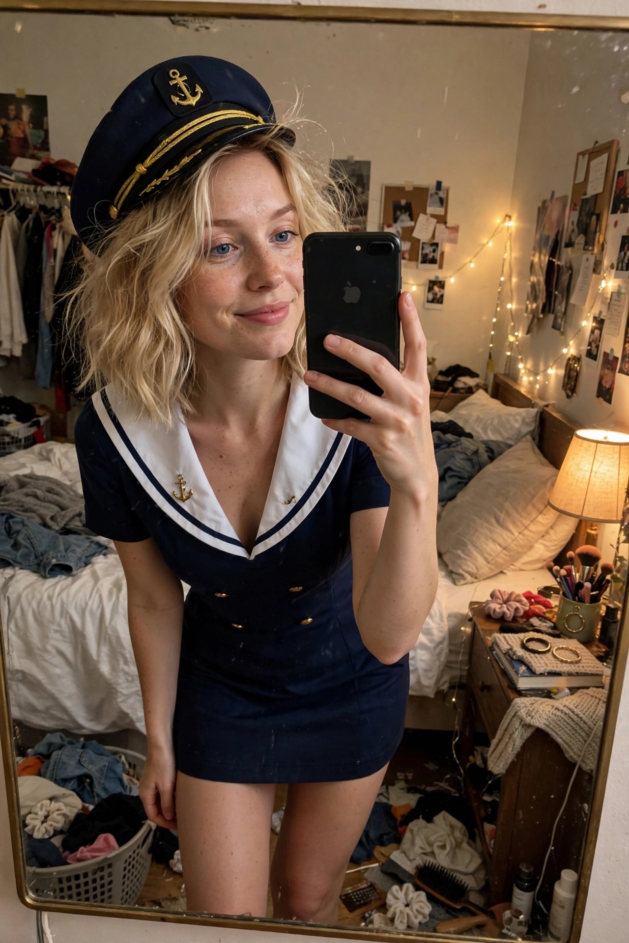 Woman wearing a navy blue sailor dress with white collar and gold anchor details, matching navy hat with gold trim, holding a phone for a mirror selfie.
