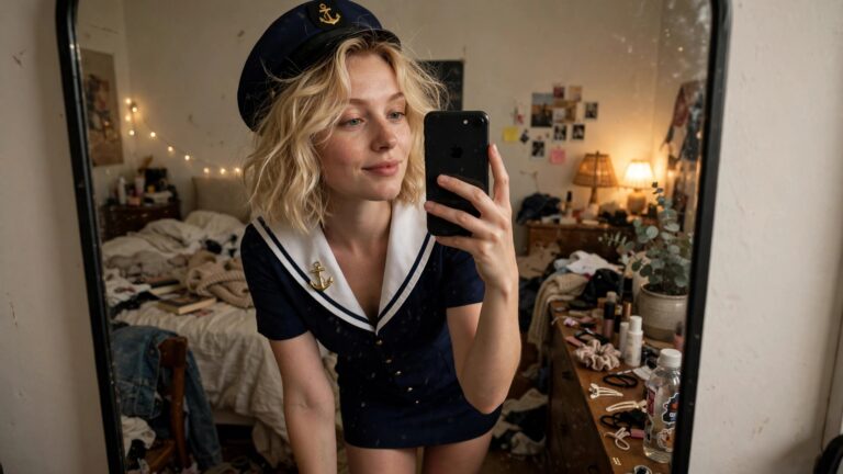 23 Chic Sailor Costume Ideas for Women to Rock This Halloween Woman wearing a navy blue sailor dress with white collar and gold anchor details, matching navy hat with gold trim, holding a phone for a mirror selfie.