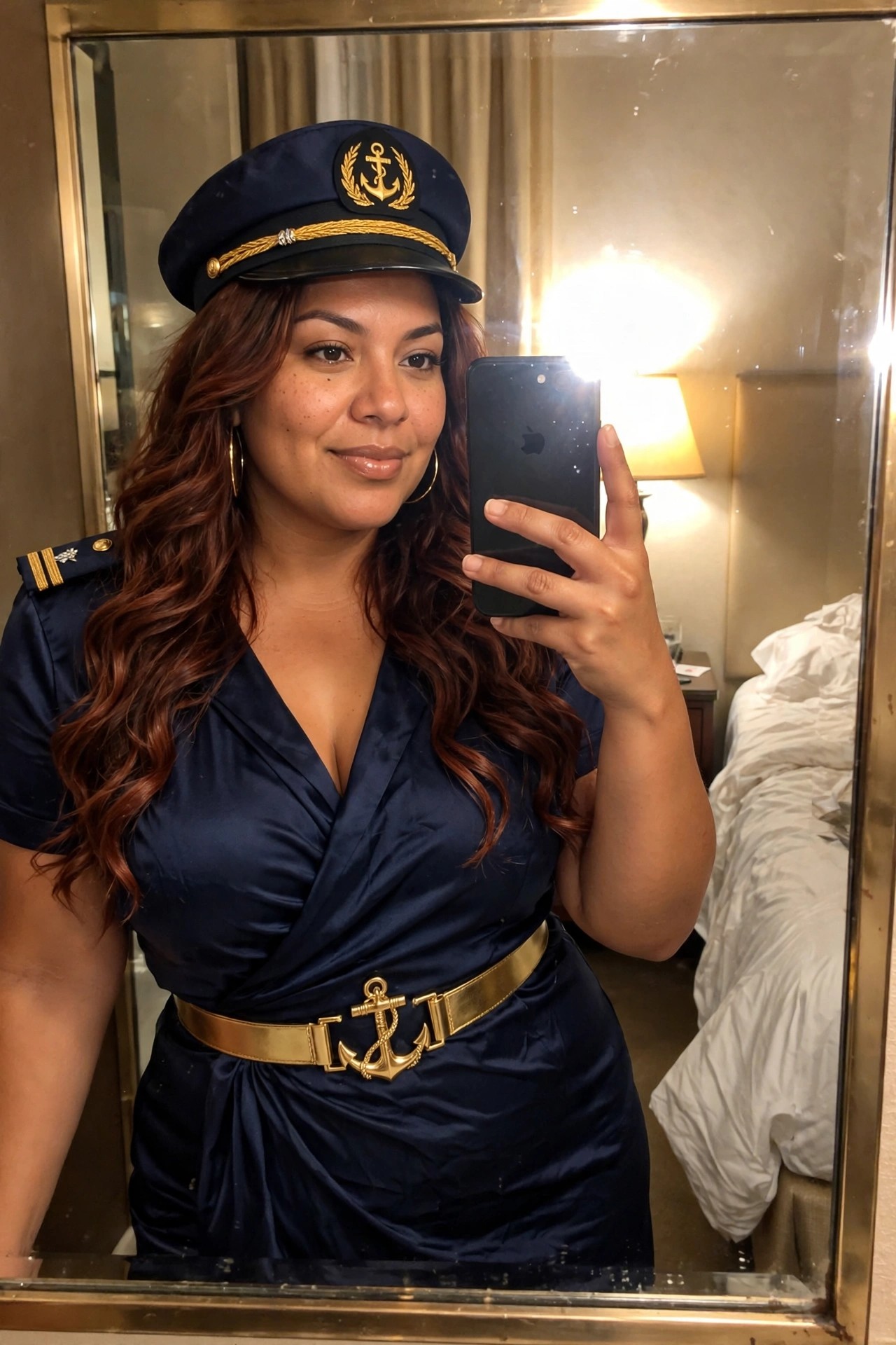 Woman wearing a navy blue captain hat with gold anchor emblem, matching wrap dress with shoulder stripes, and a gold anchor belt buckle while taking a mirror selfie.
