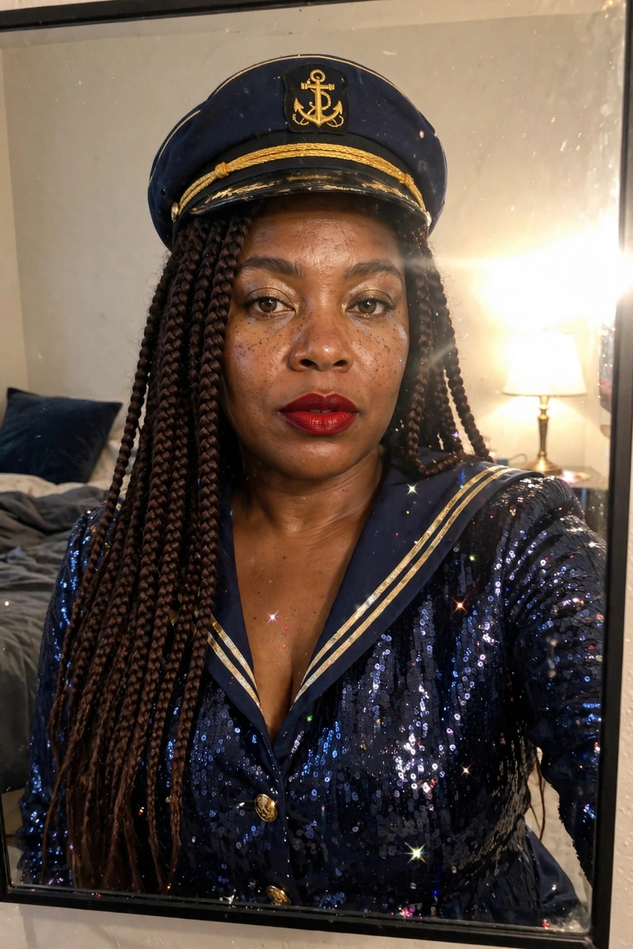 Woman in a navy sequined sailor blouse with gold trim and a navy captain hat featuring a gold anchor emblem, wearing red lipstick and long brown braids.