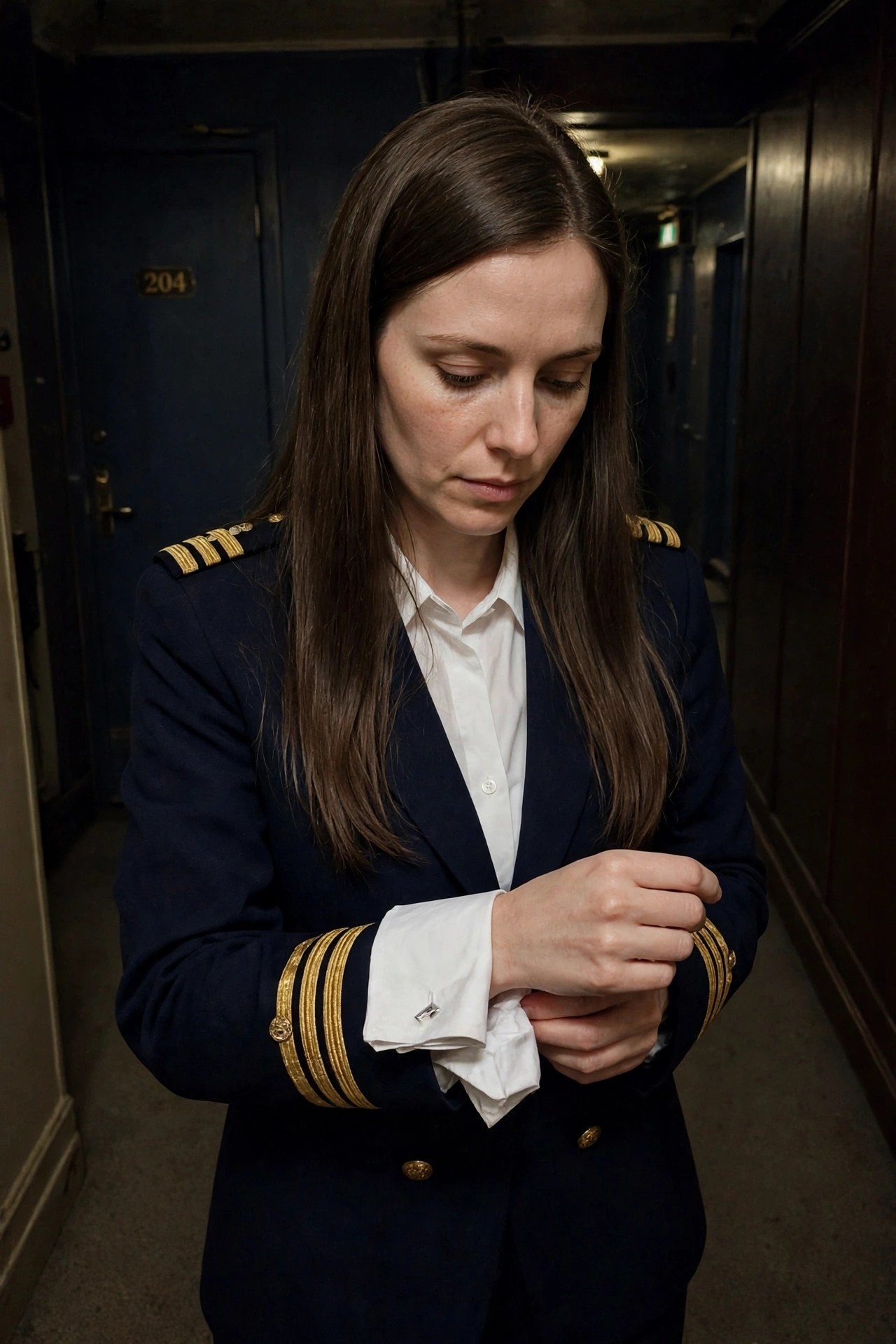 Woman wearing a navy blue naval officer blazer with multiple gold sleeve stripes and shoulder boards over a white collared shirt.