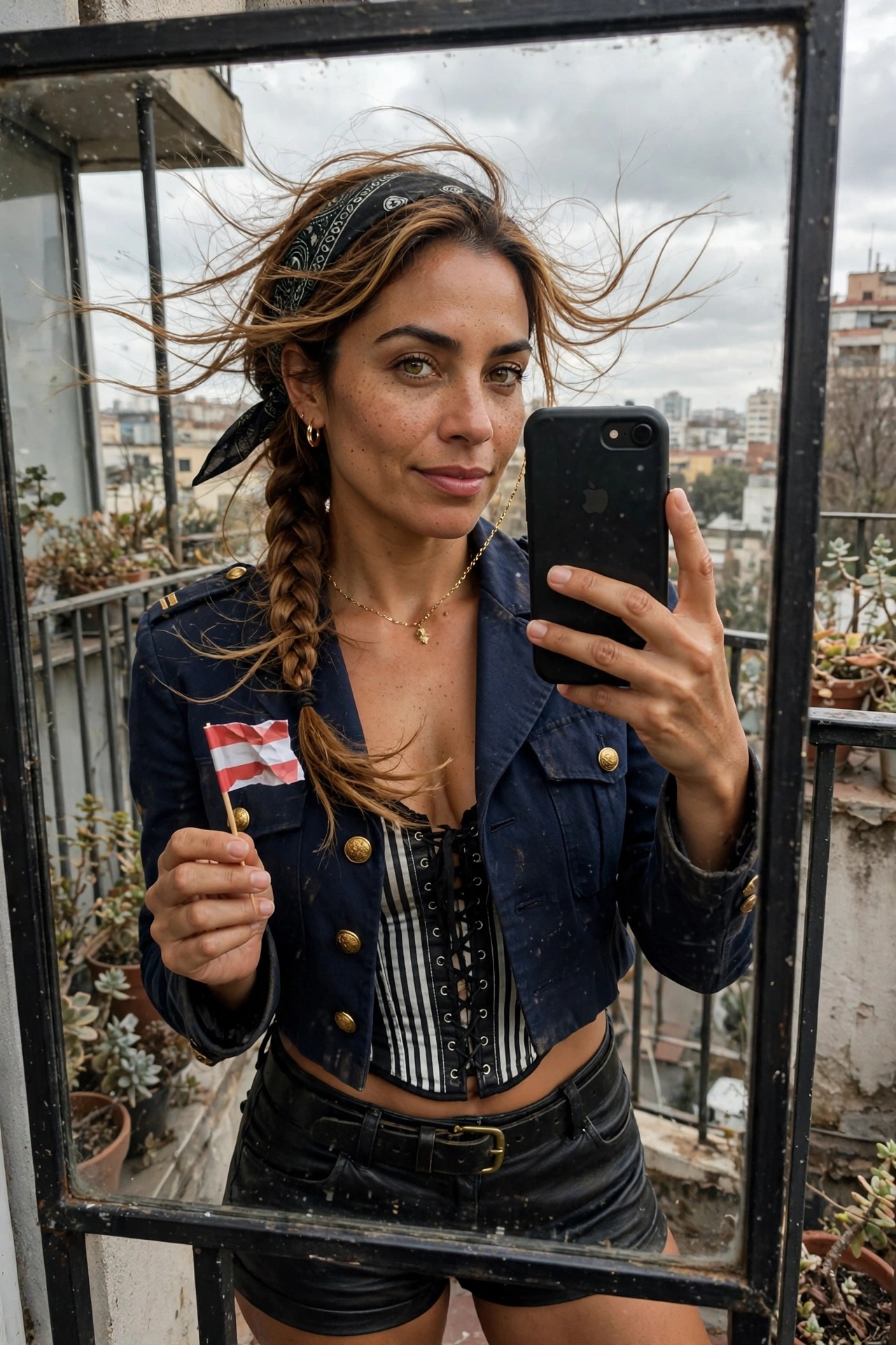 Woman wearing cropped navy military jacket with gold buttons over striped corset top and black shorts, holding small flag prop, long braid and bandana, mirror selfie on balcony.