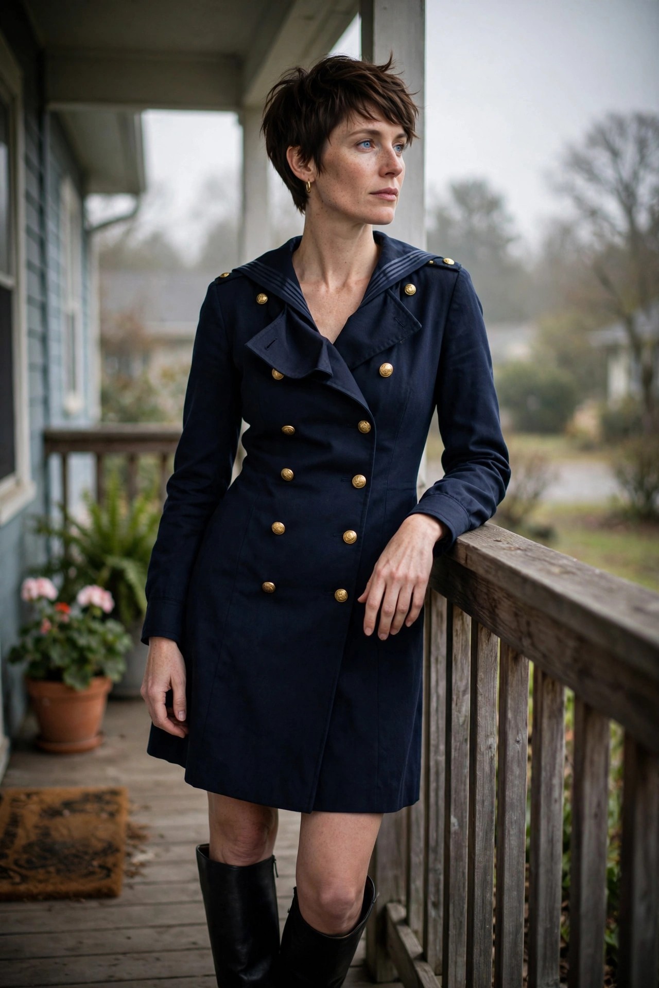 Woman wearing a navy double-breasted coat dress with gold buttons and a large sailor collar, paired with black boots.