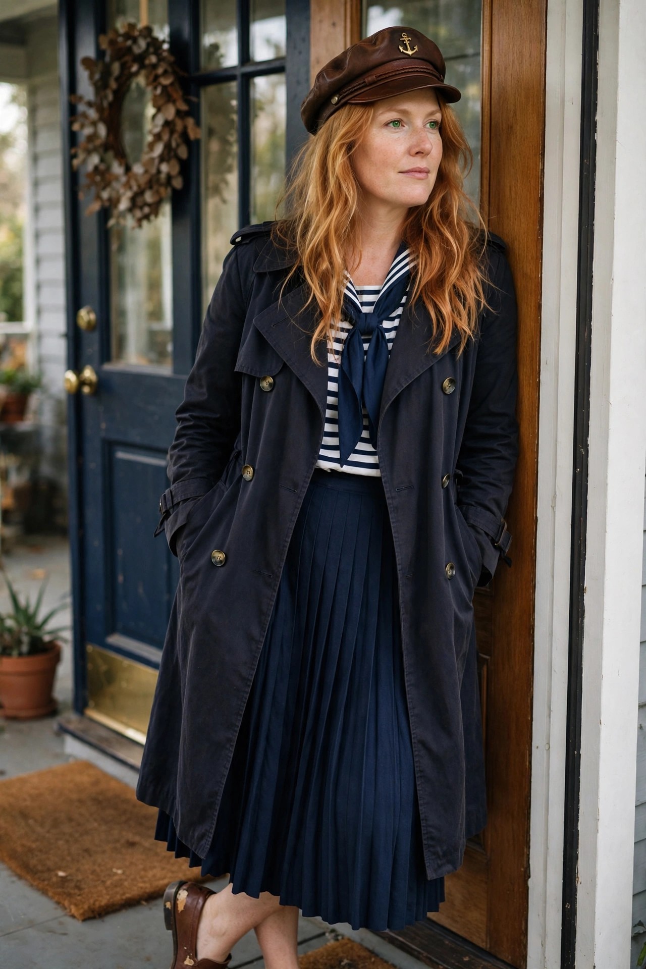 Woman wearing a navy trench coat over a striped sailor shirt with neckerchief, pleated navy skirt, and brown leather captain hat with anchor emblem.