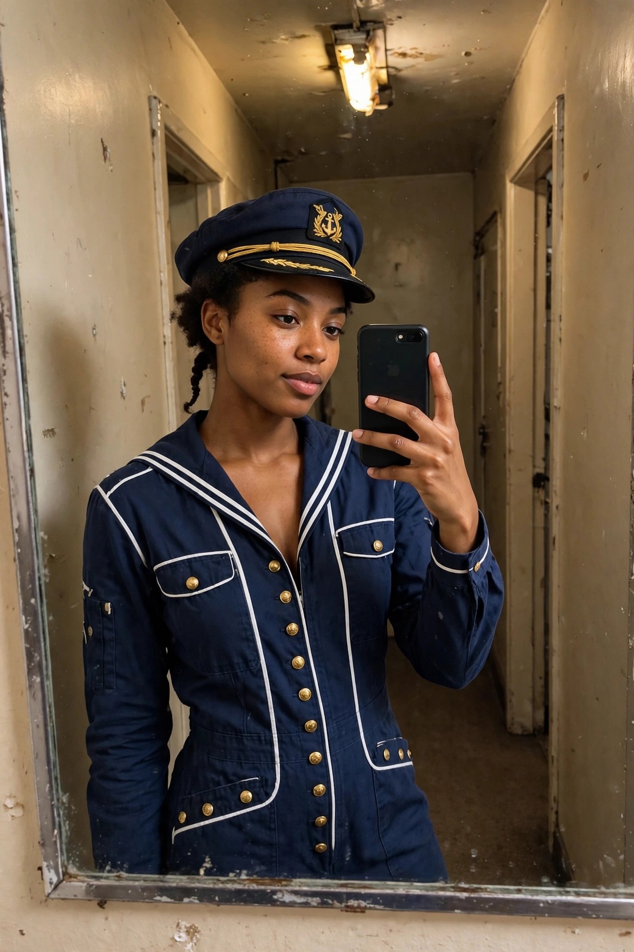 Woman wearing a navy blue sailor jumpsuit with white piping and gold buttons, paired with a matching captain hat featuring a gold anchor emblem.