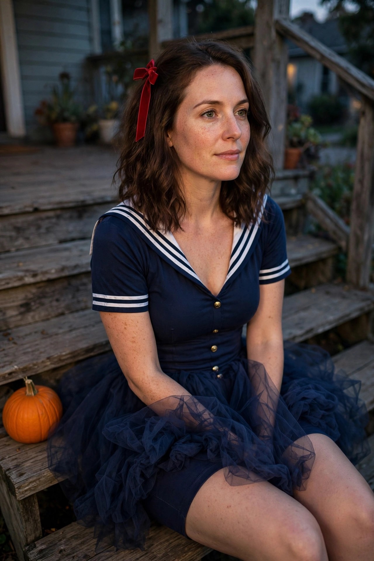 Woman wearing a navy blue sailor dress with white striped collar and cuffs, gold buttons, and dark tulle overlay skirt, seated on wooden steps with a small red velvet bow in her hair.