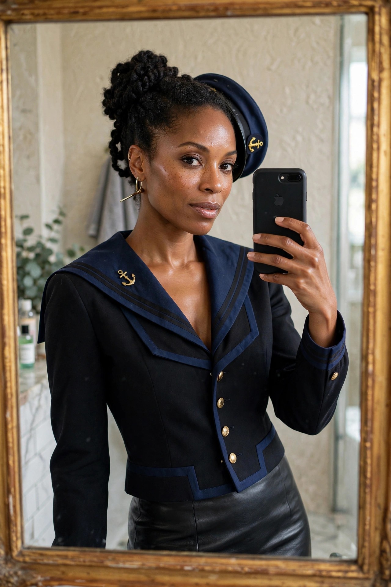 Woman wearing a navy blue sailor jacket with gold anchors and buttons, matching sailor hat, and black leather skirt while taking a mirror selfie.