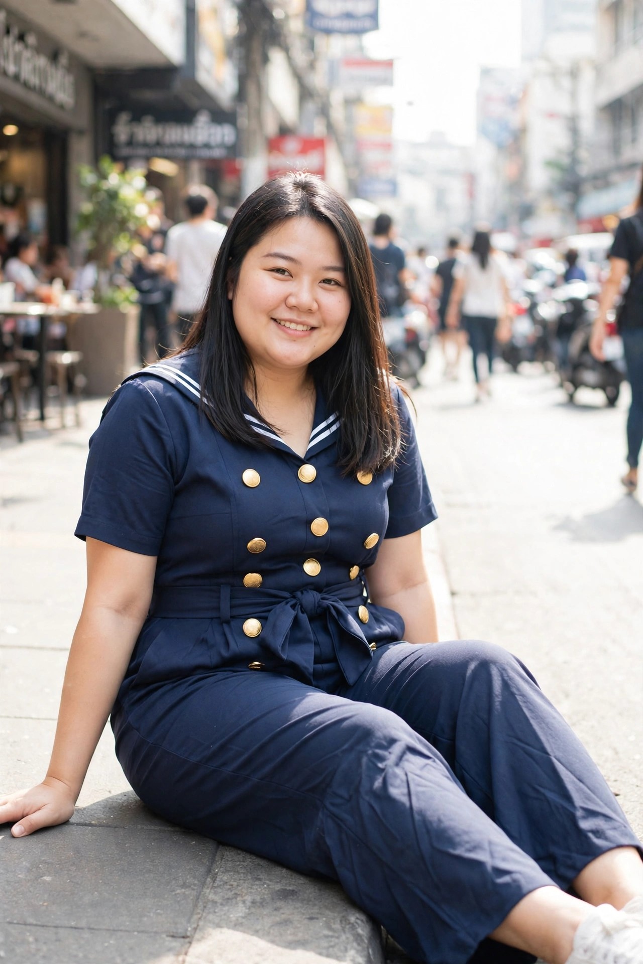 Woman wearing a navy blue sailor jumpsuit with white striped collar and multiple gold buttons sitting on a city sidewalk.