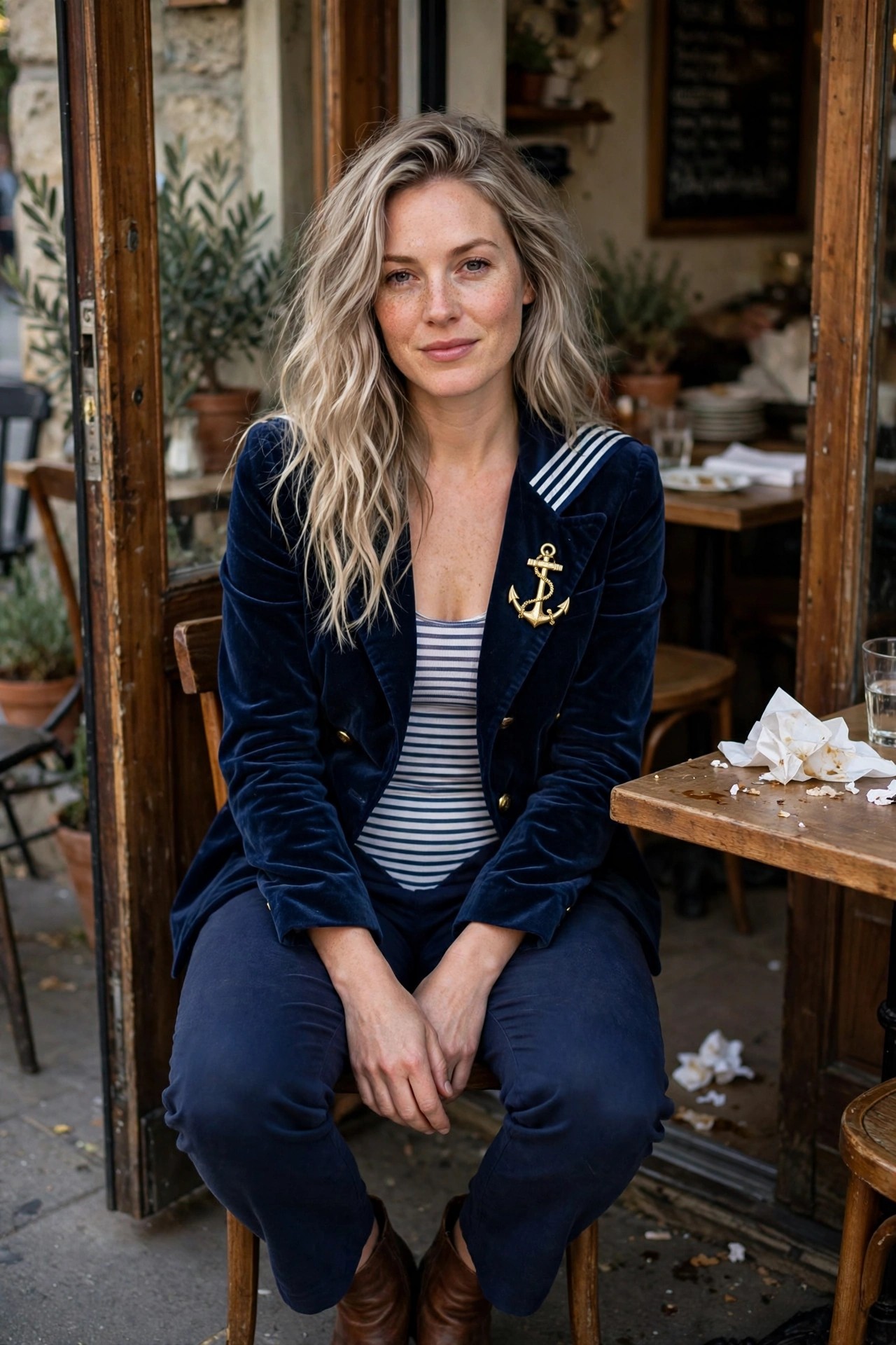 Woman wearing a navy velvet sailor jacket with white striped collar, gold anchor pin, striped shirt, and navy pants as a Halloween costume.