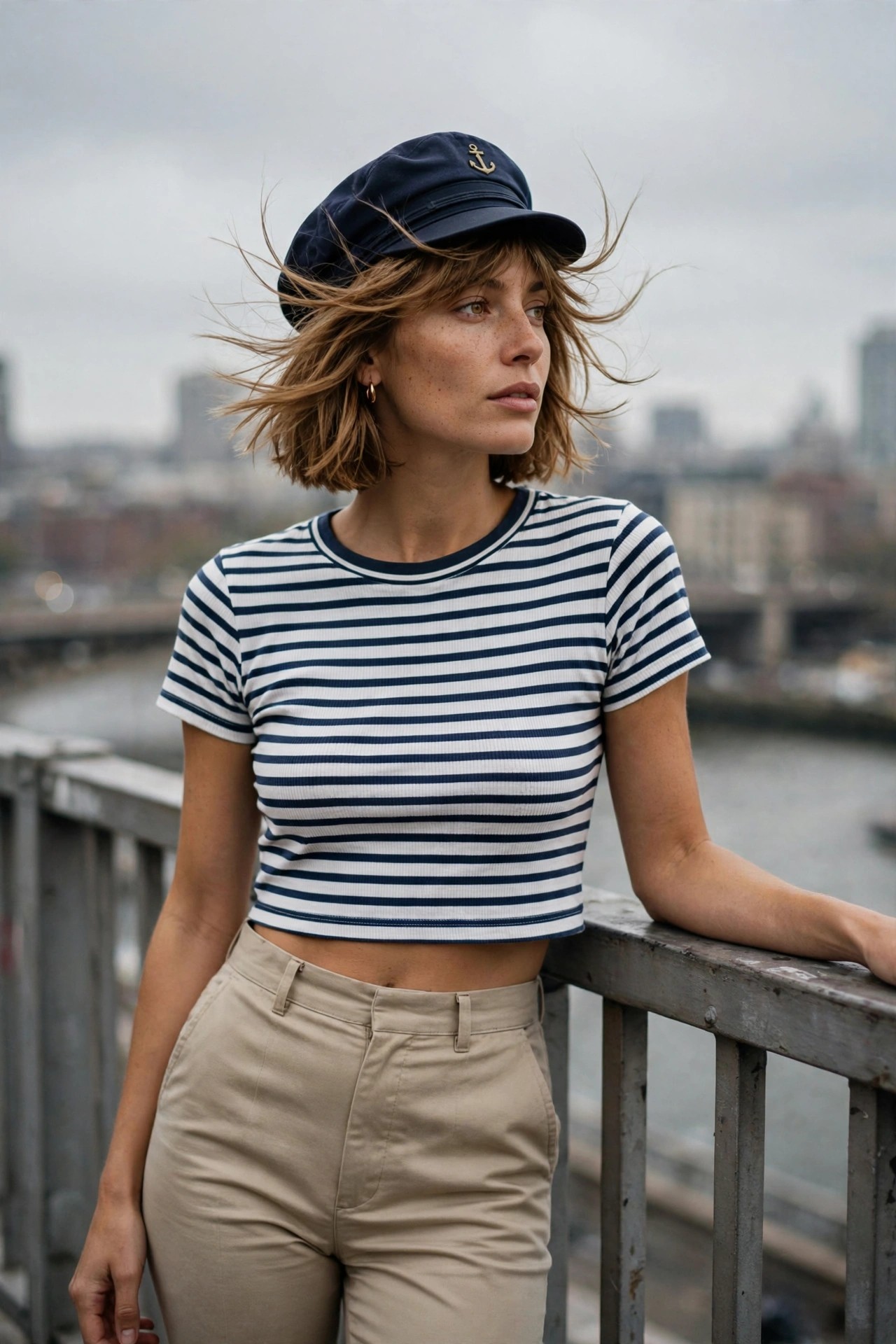 Woman wearing navy captain hat with anchor emblem and white and navy striped crop top as a sailor costume.