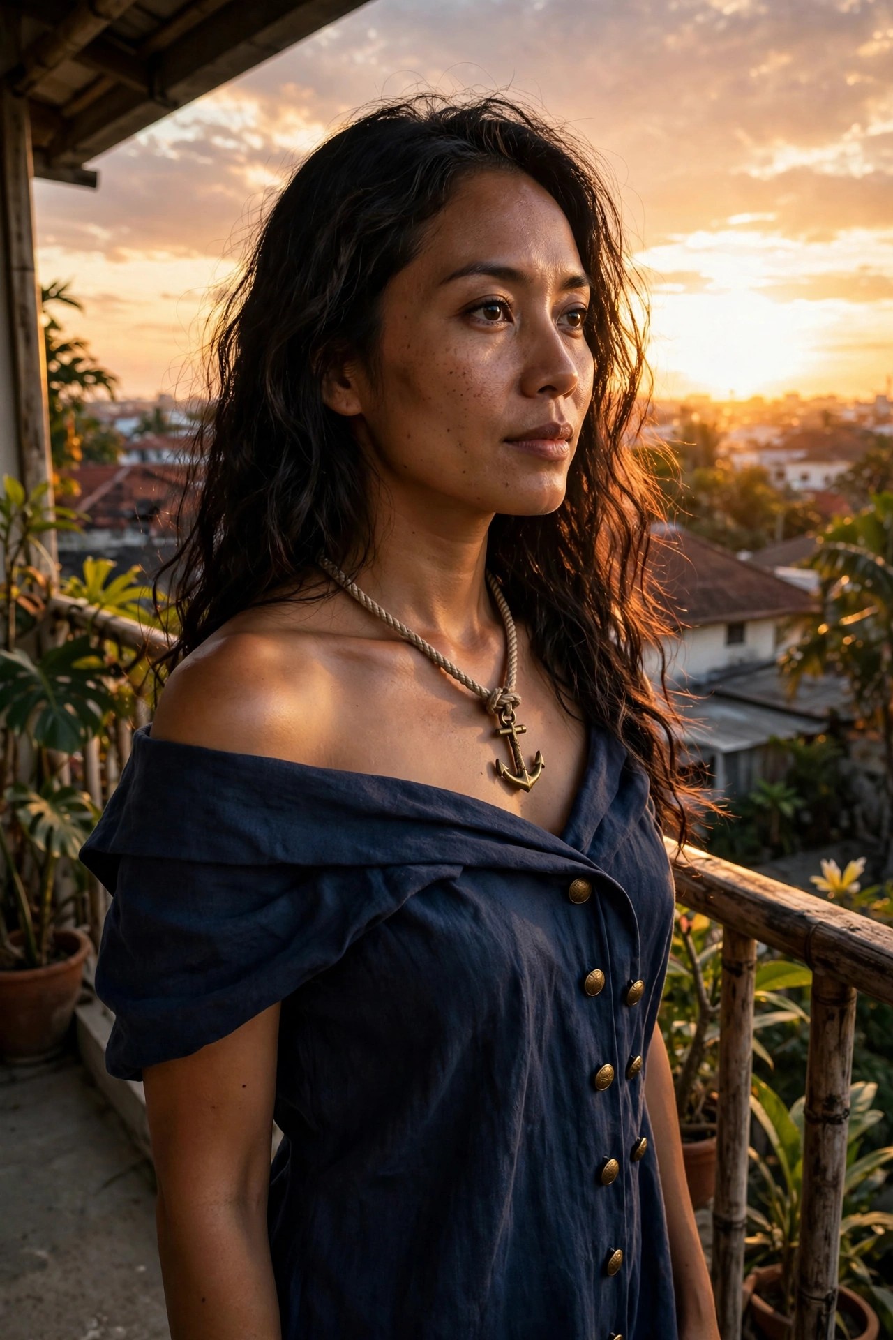 Woman wearing a blue off shoulder dress with brass buttons and a rope necklace holding a brass anchor pendant.