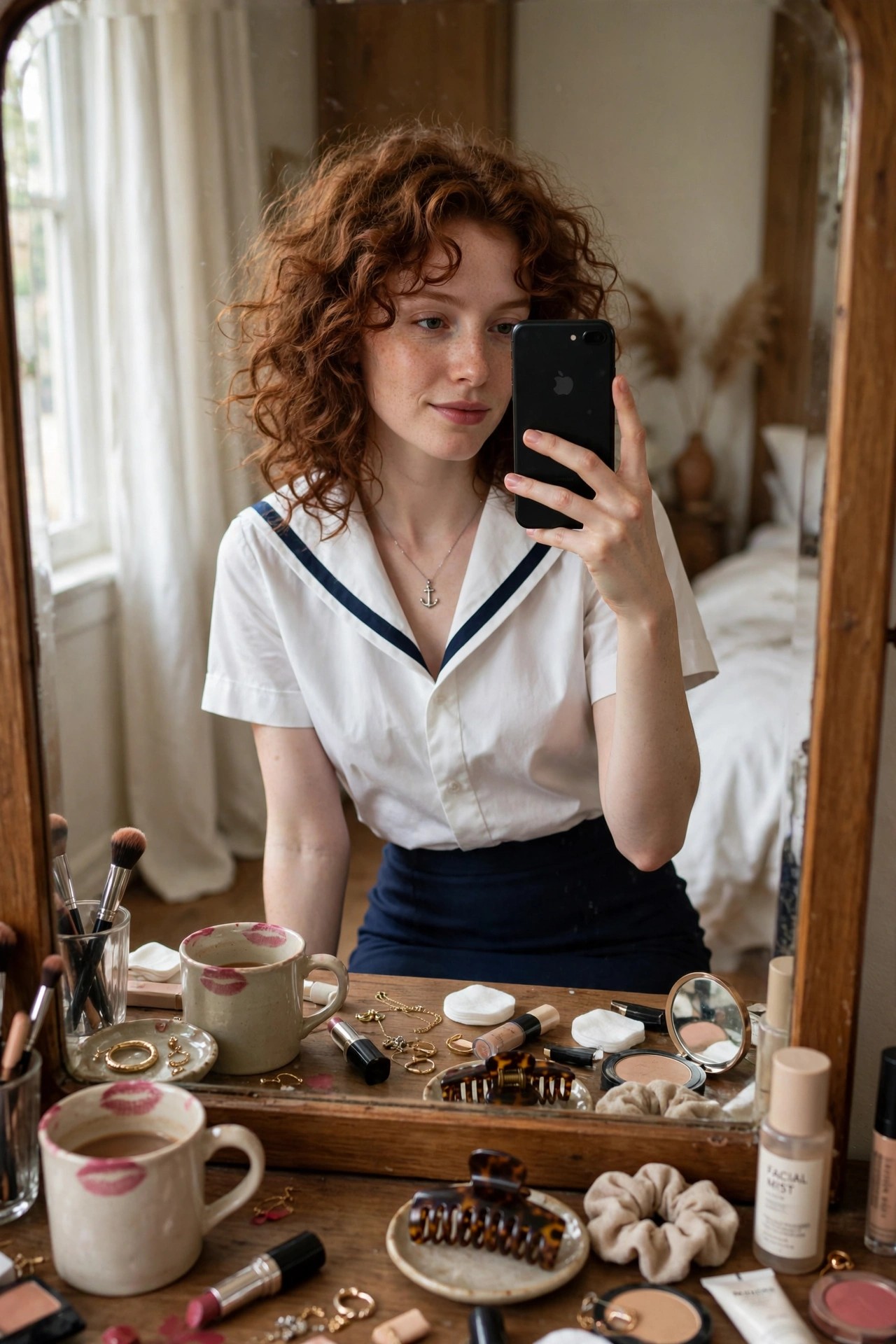 Woman wearing a white short sleeve sailor blouse with navy collar and stripes paired with a navy skirt while holding a phone for a mirror selfie.