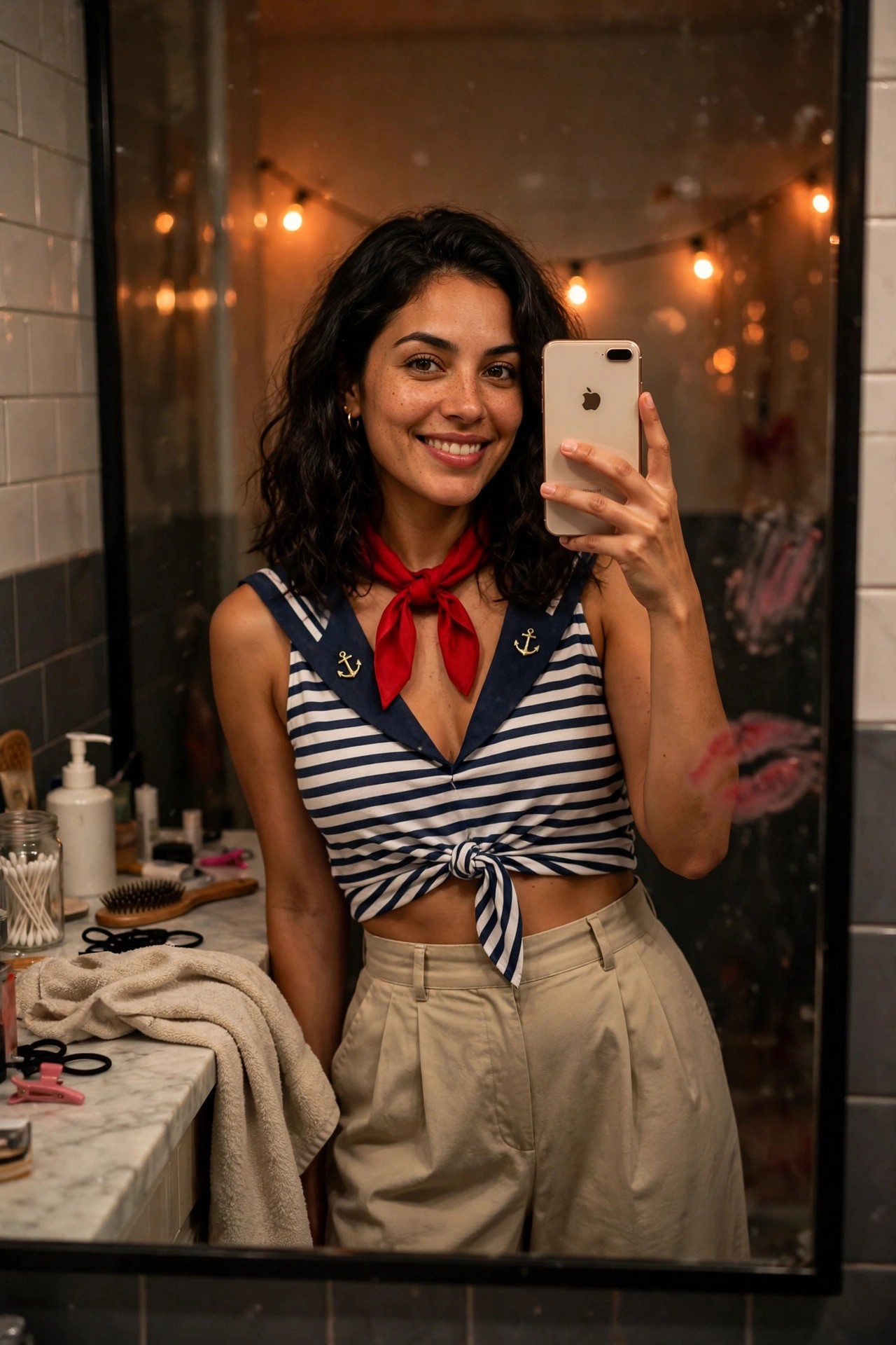 Woman wearing a navy and white striped sailor top with red neck scarf tied at front, gold anchor pins, and beige trousers while holding a phone for a mirror selfie.