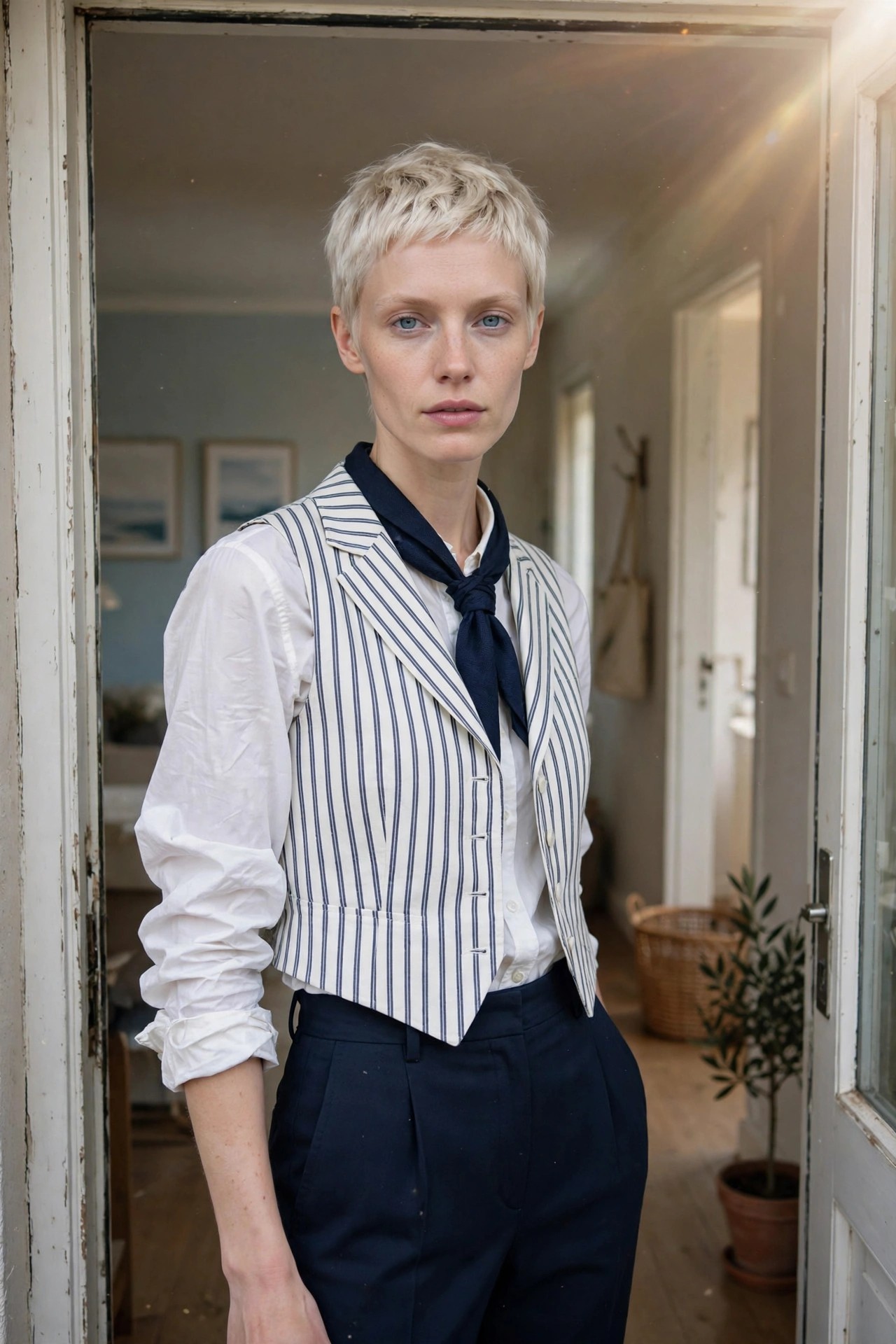 Woman wearing a navy and white striped vest over a white shirt with a navy tie and navy trousers in a sailor costume style.