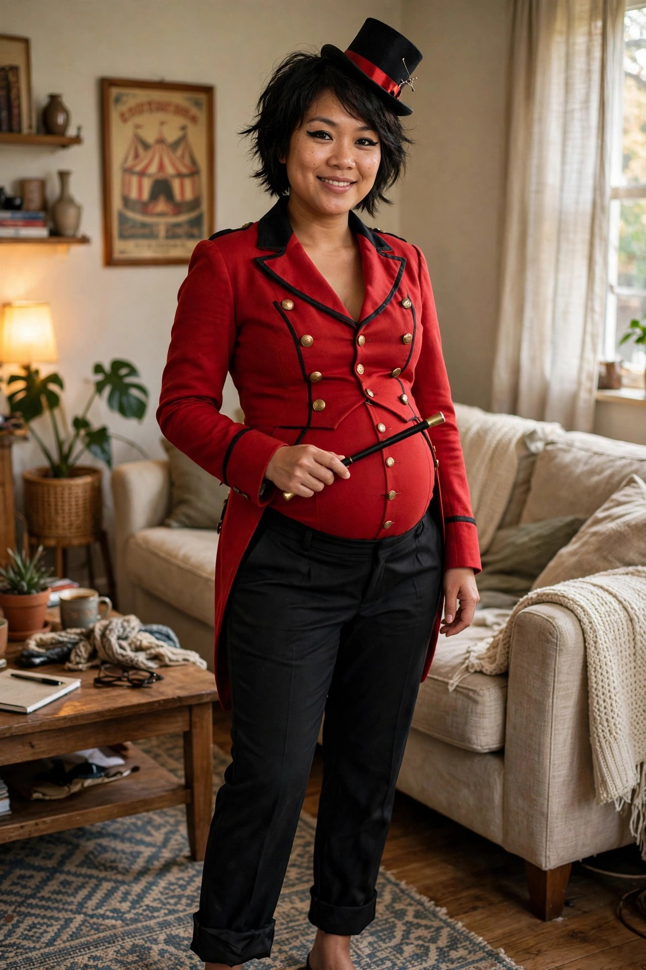Pregnant woman wearing a red military style ringmaster jacket with gold buttons and black trim, black pants, black top hat with red band, and holding a black cane.