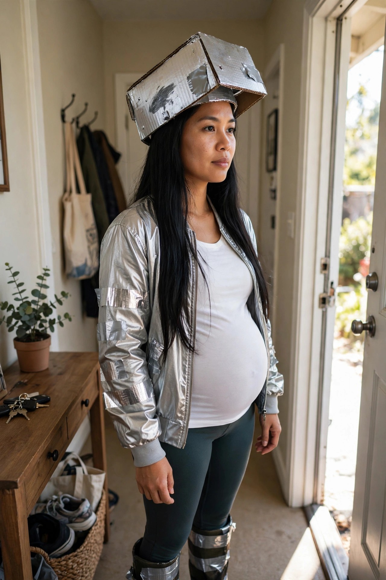 Pregnant woman wearing a DIY robot costume made with a silver foil covered cardboard box helmet, matching silver bomber jacket with duct tape details, and silver boots.