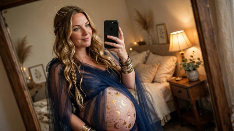 23 Creative Halloween Costume Ideas for Pregnant Women to Rock Pregnant woman in sheer navy fabric with gold celestial moon and star belly painting and crescent moon headpiece taking a mirror selfie.