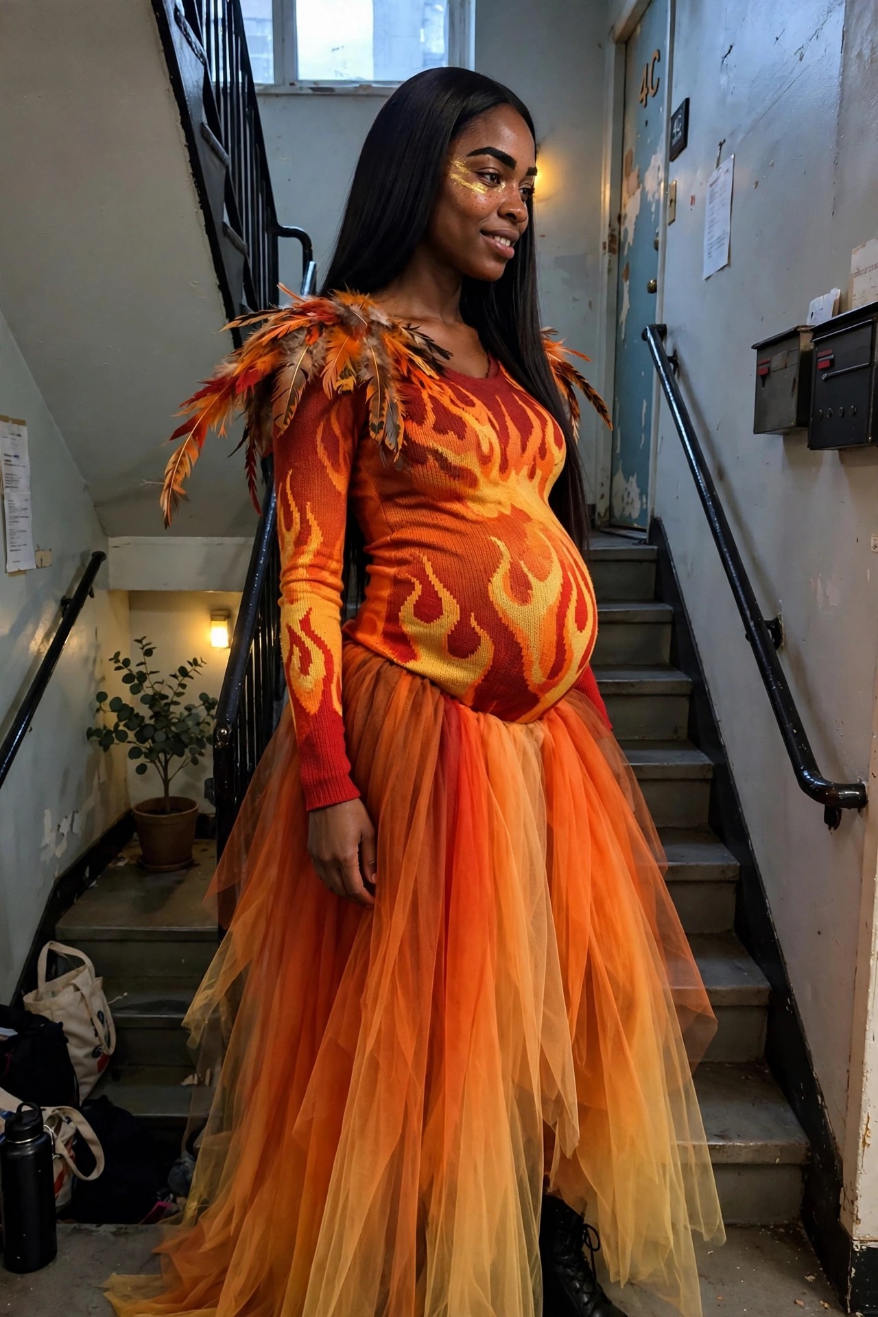 Pregnant woman wearing an orange and red flame patterned sweater with feathered shoulders and a layered orange to yellow tulle skirt for a fire phoenix Halloween costume.