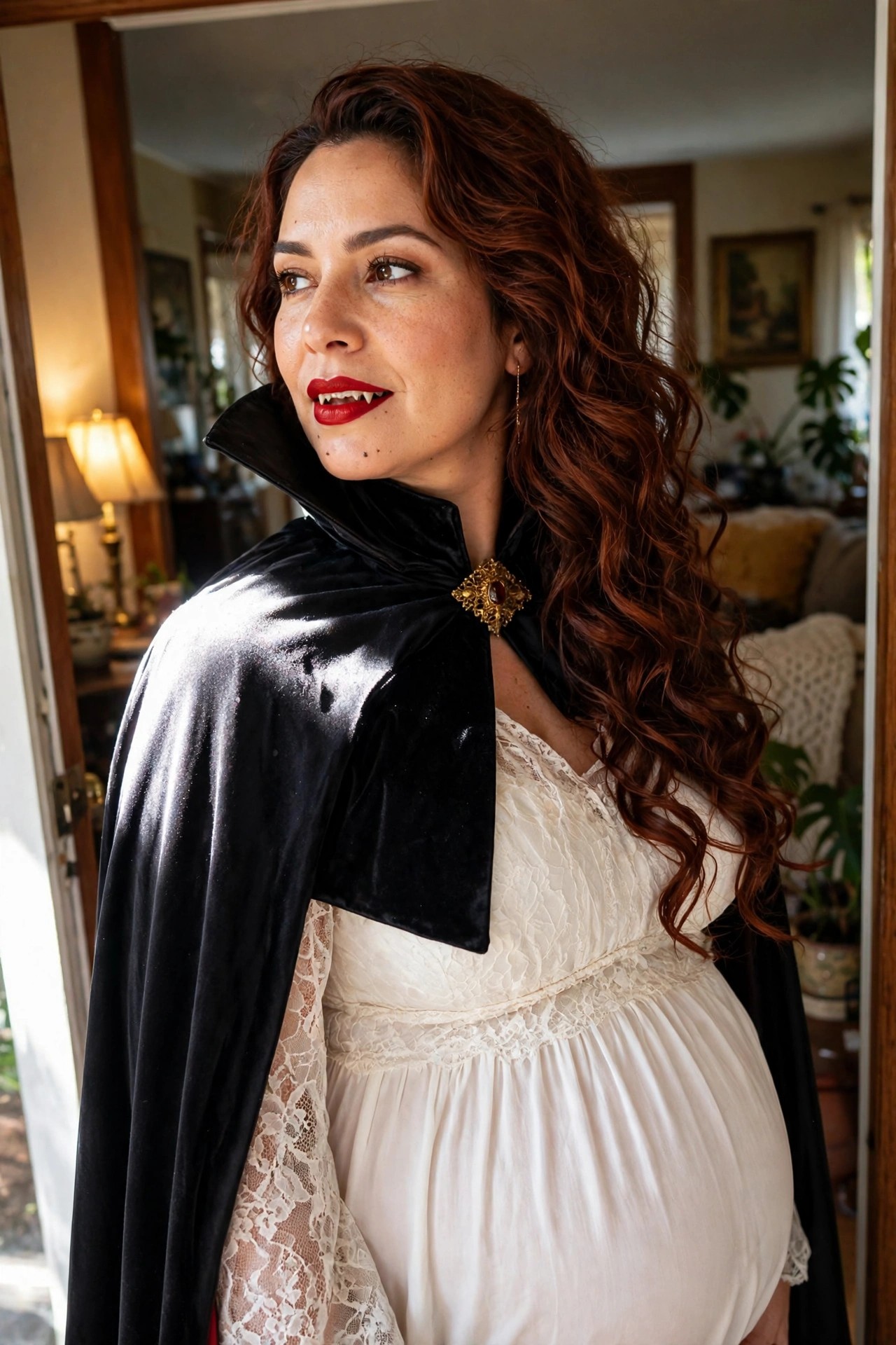 Pregnant woman in black velvet vampire cape with gold brooch over white lace dress, showing red lipstick and fangs.