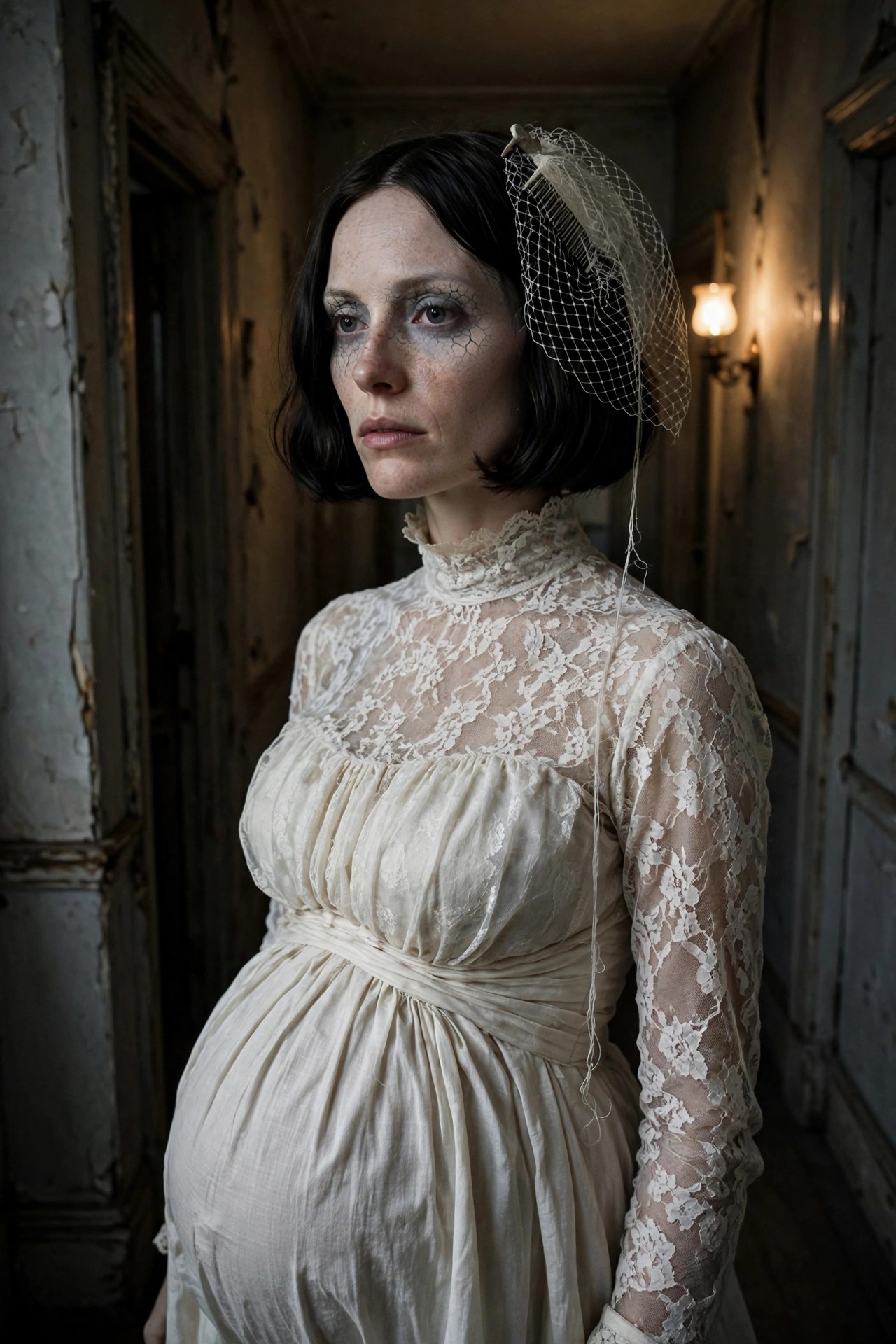 Pregnant woman wearing a cream lace high-neck Victorian style dress with a short birdcage veil and cracked porcelain face makeup.