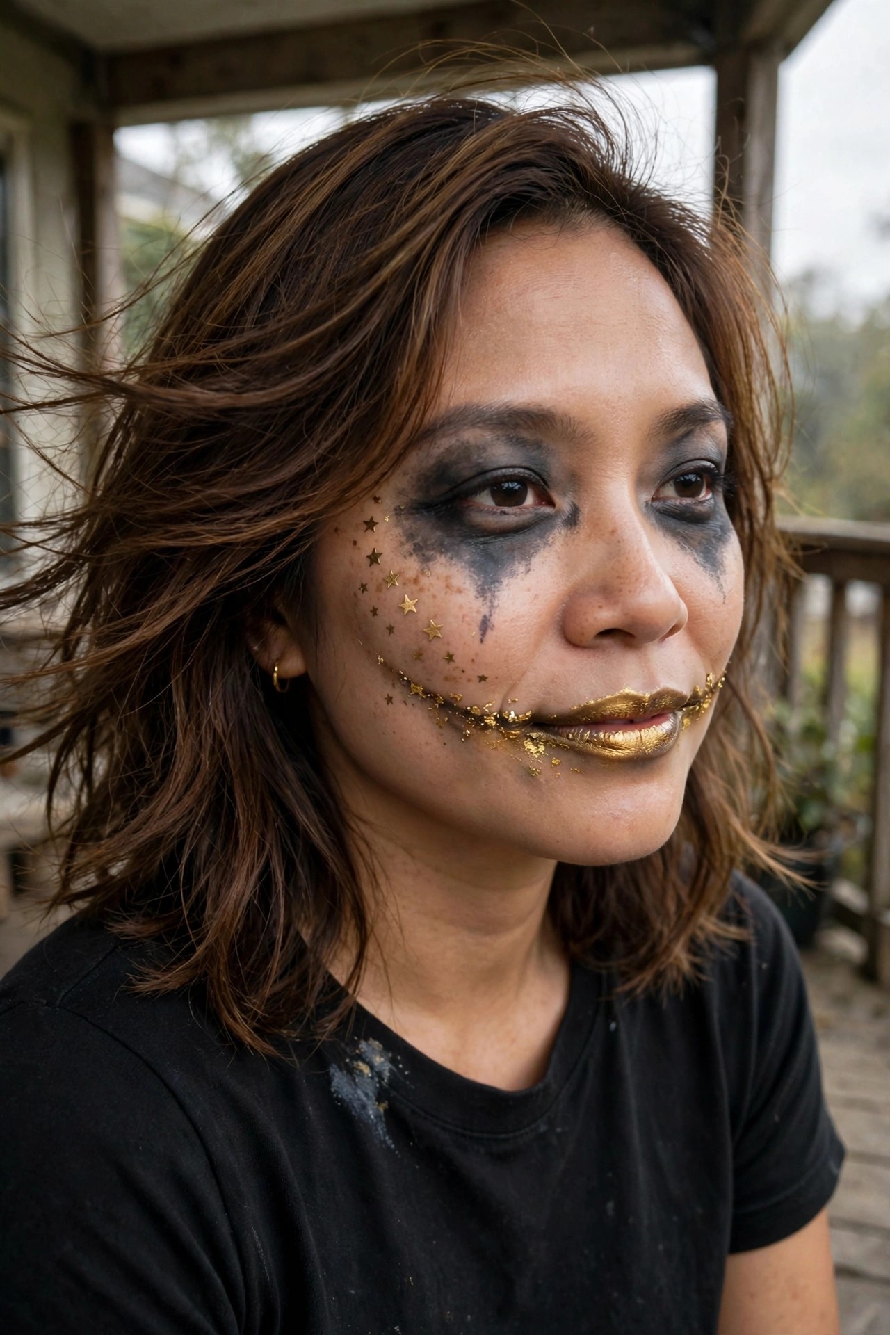 Close up of a woman wearing heavy black smoky eye makeup with scattered gold stars on the cheek and metallic gold lips with gold flakes along the mouth line.