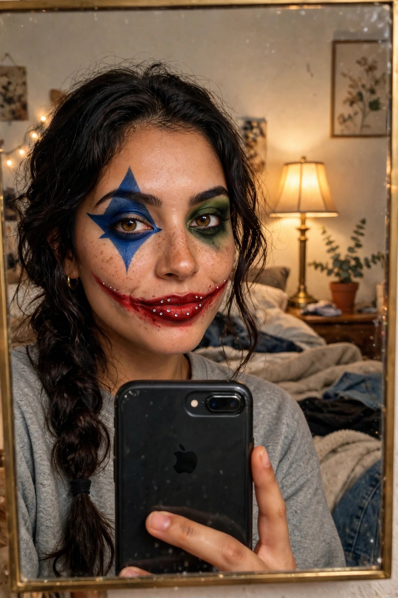Close up of Joker inspired makeup with a blue star shape over the left eye, green shadow on the right eye, and a red extended smile with white dots along the lower lip.