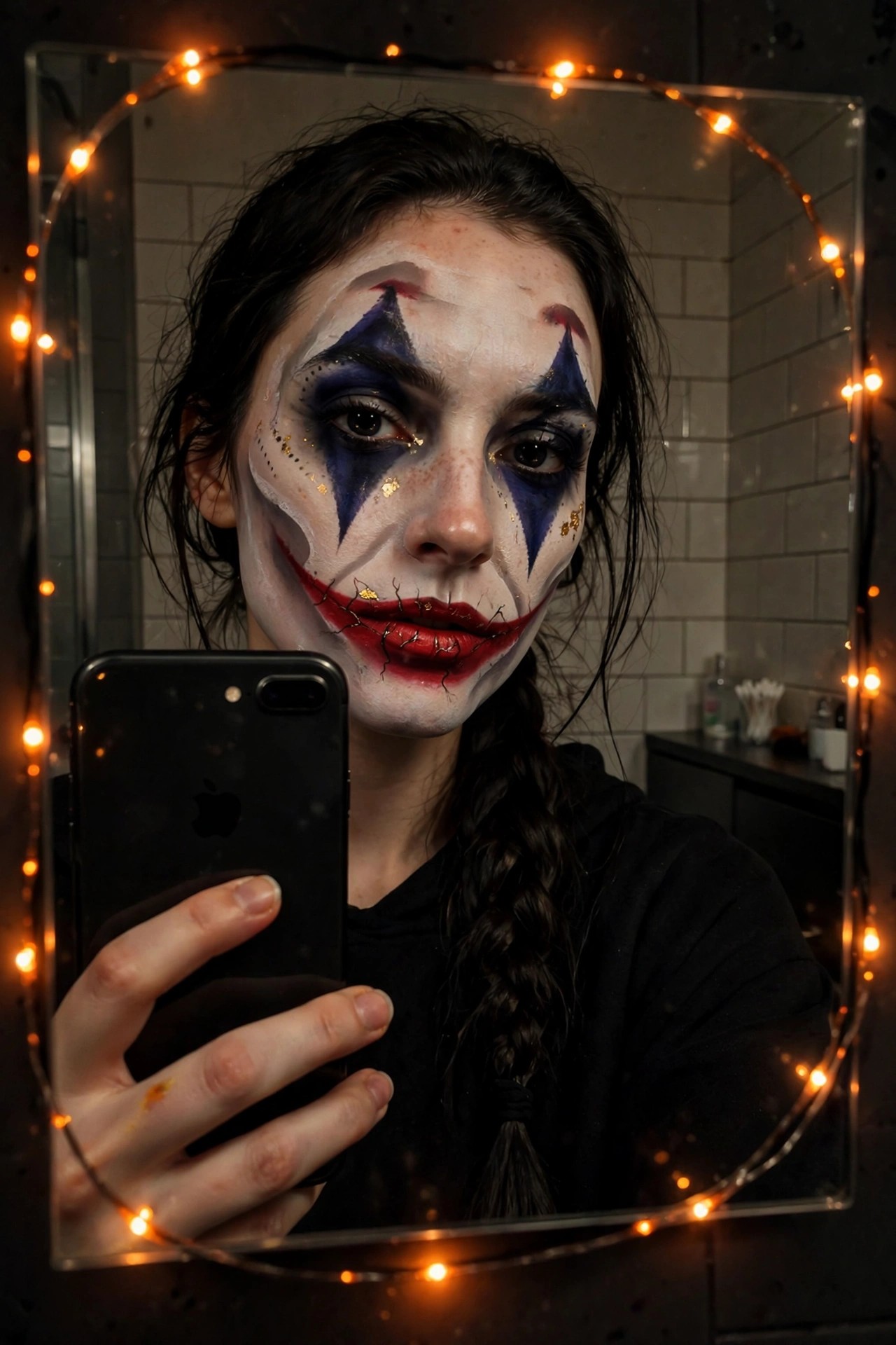 Close up of Joker makeup with white face paint, blue eye triangles, red cracked lips, and gold accents on a woman taking a mirror selfie.