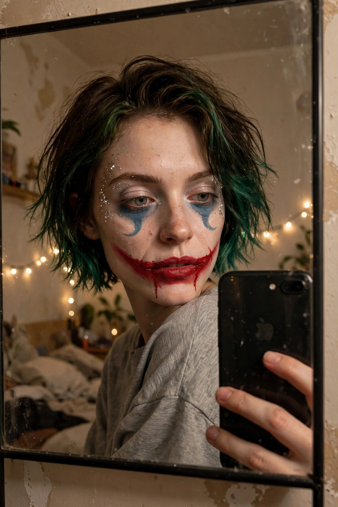 Close up of Joker style Halloween makeup with red dripping smile painted across the mouth blue teardrop eye designs and silver glitter scattered over the face.