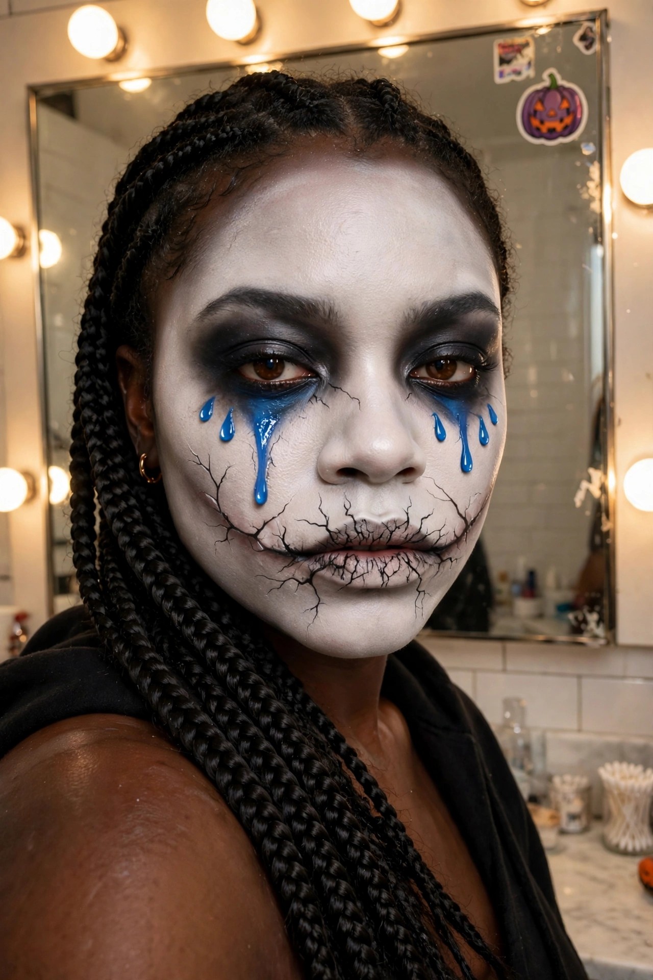 Close-up of Joker makeup with white face paint, black cracked lines across the skin, black eye shadow, and blue dripping tears from the eyes.