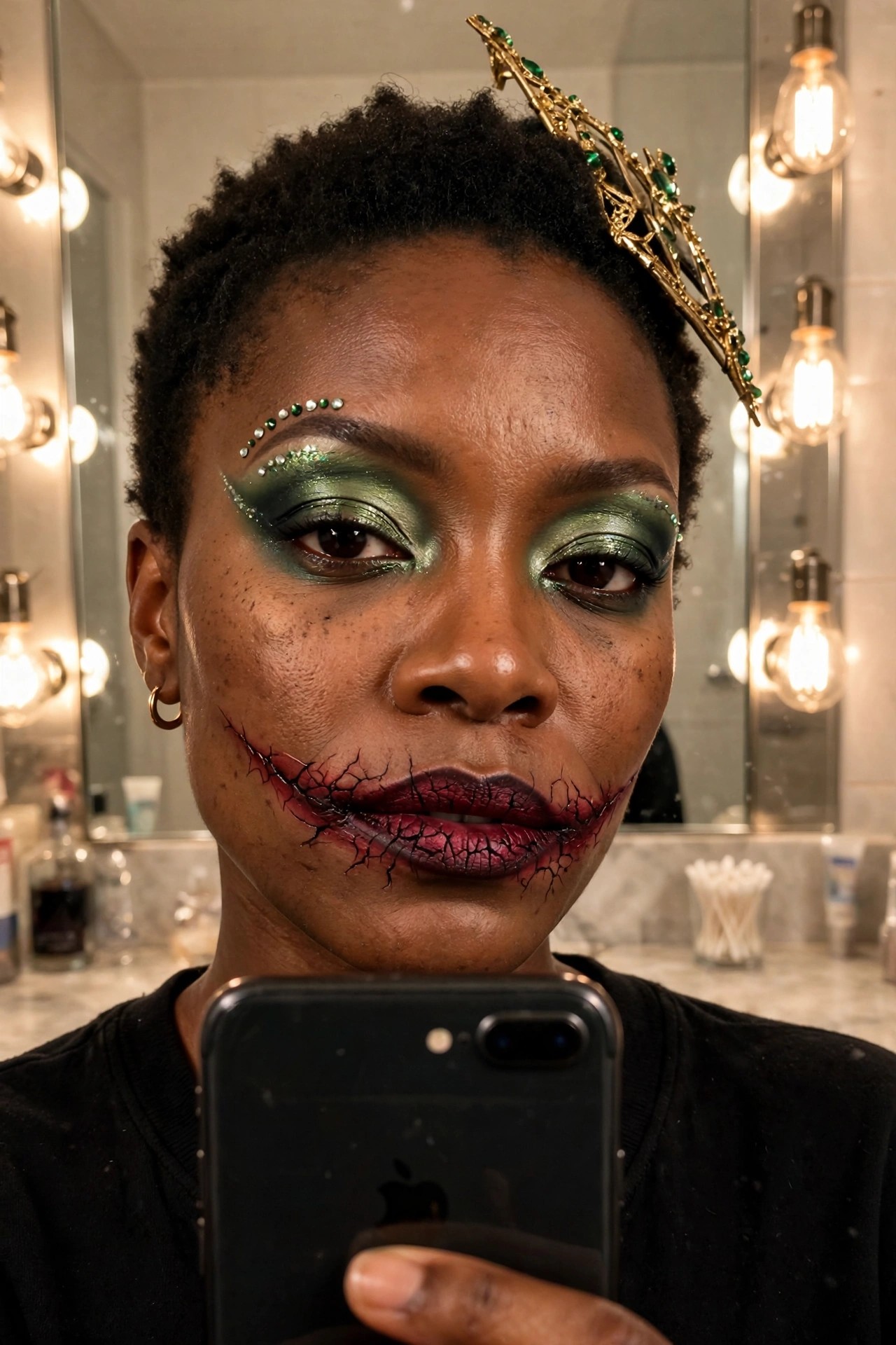Close up of Joker style makeup with green glitter eyeshadow and cracked red black smile extending from the mouth.