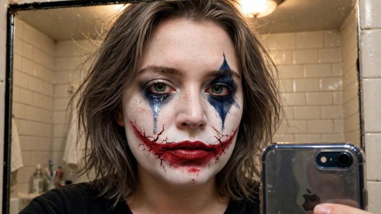 23+ Creative Halloween Joker Makeup Ideas for a Standout Costume Close up of Joker style face paint with blue eye triangles, dripping lines, glitter accents, and red cracked smile extending across the cheeks.