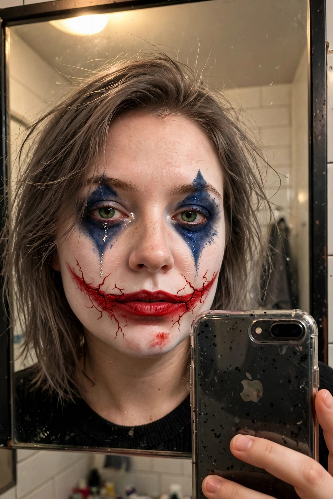 Close up of Joker style face paint with blue eye triangles, dripping lines, glitter accents, and red cracked smile extending across the cheeks.