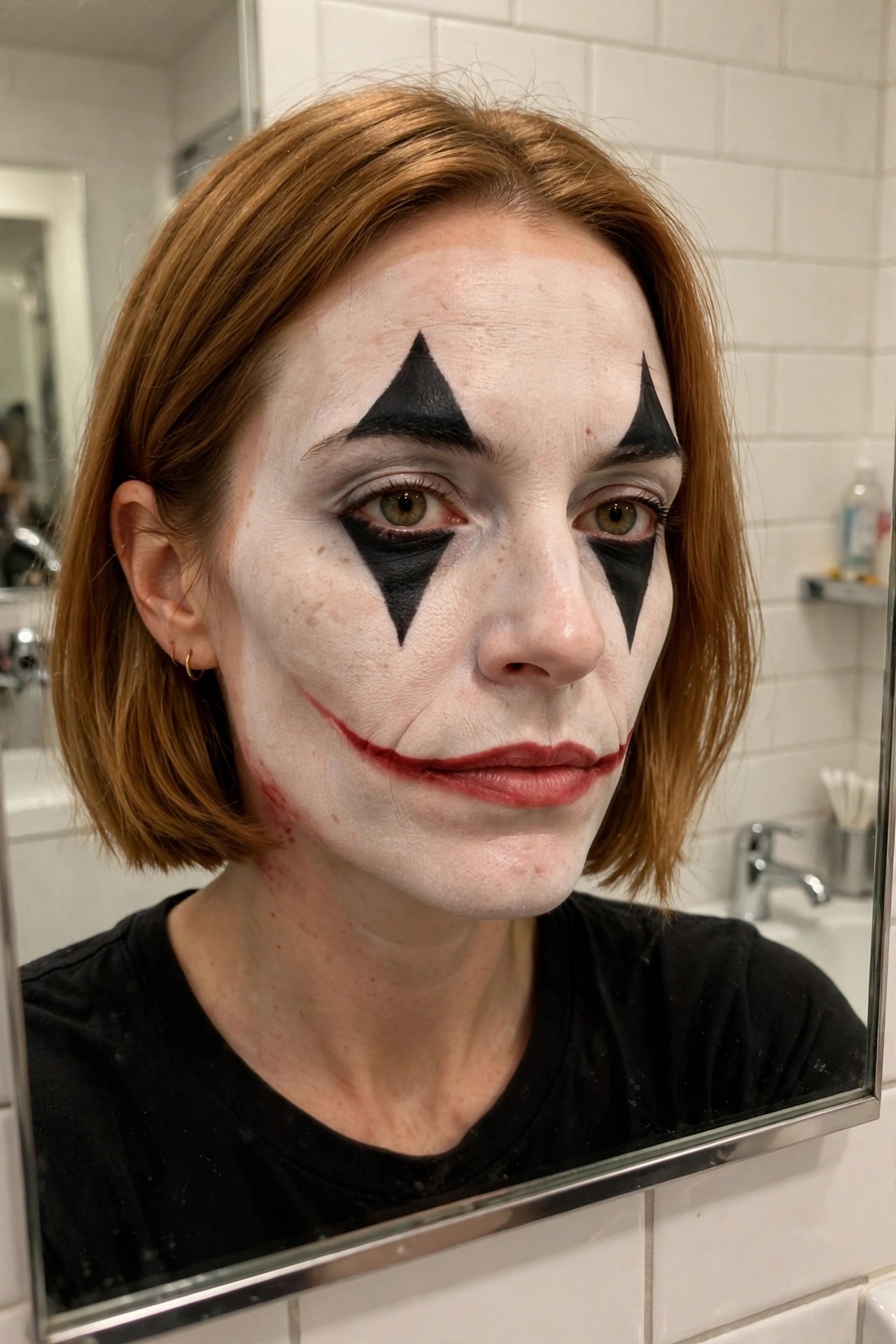 Close up of a woman with white face paint, large black diamond shapes covering the eyes, and a red smile line painted around the mouth in Joker style makeup.