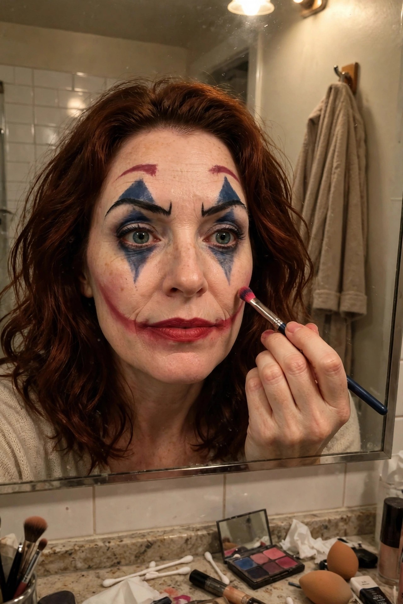Close up mirror selfie of a woman applying Joker style face paint, showing blue eye triangles, purple arched brows, and red smile lines extending from the mouth.