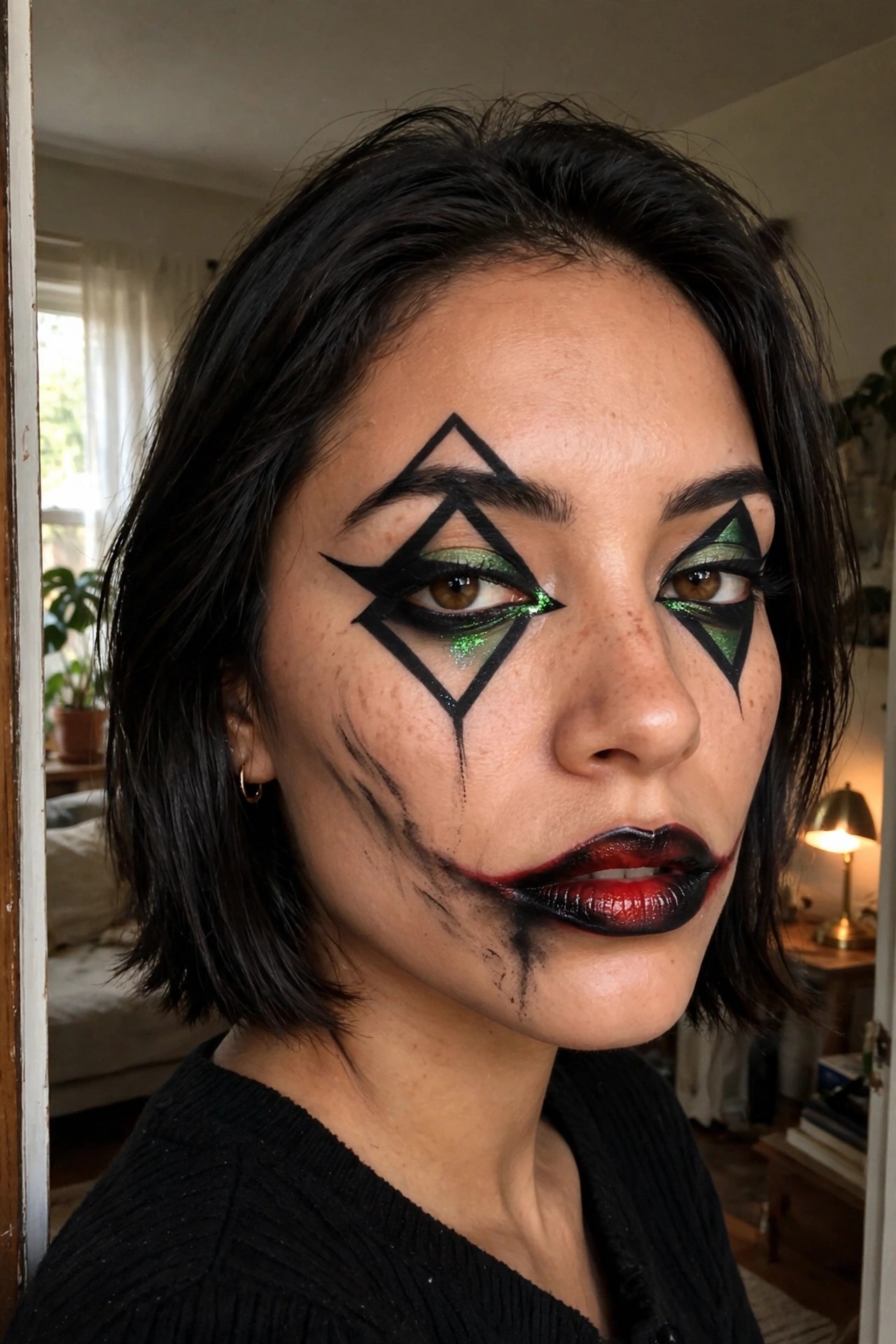Close up of Joker style makeup with black diamond shapes around the eyes filled with green glitter, black lines extending down one cheek, and red and black painted lips.