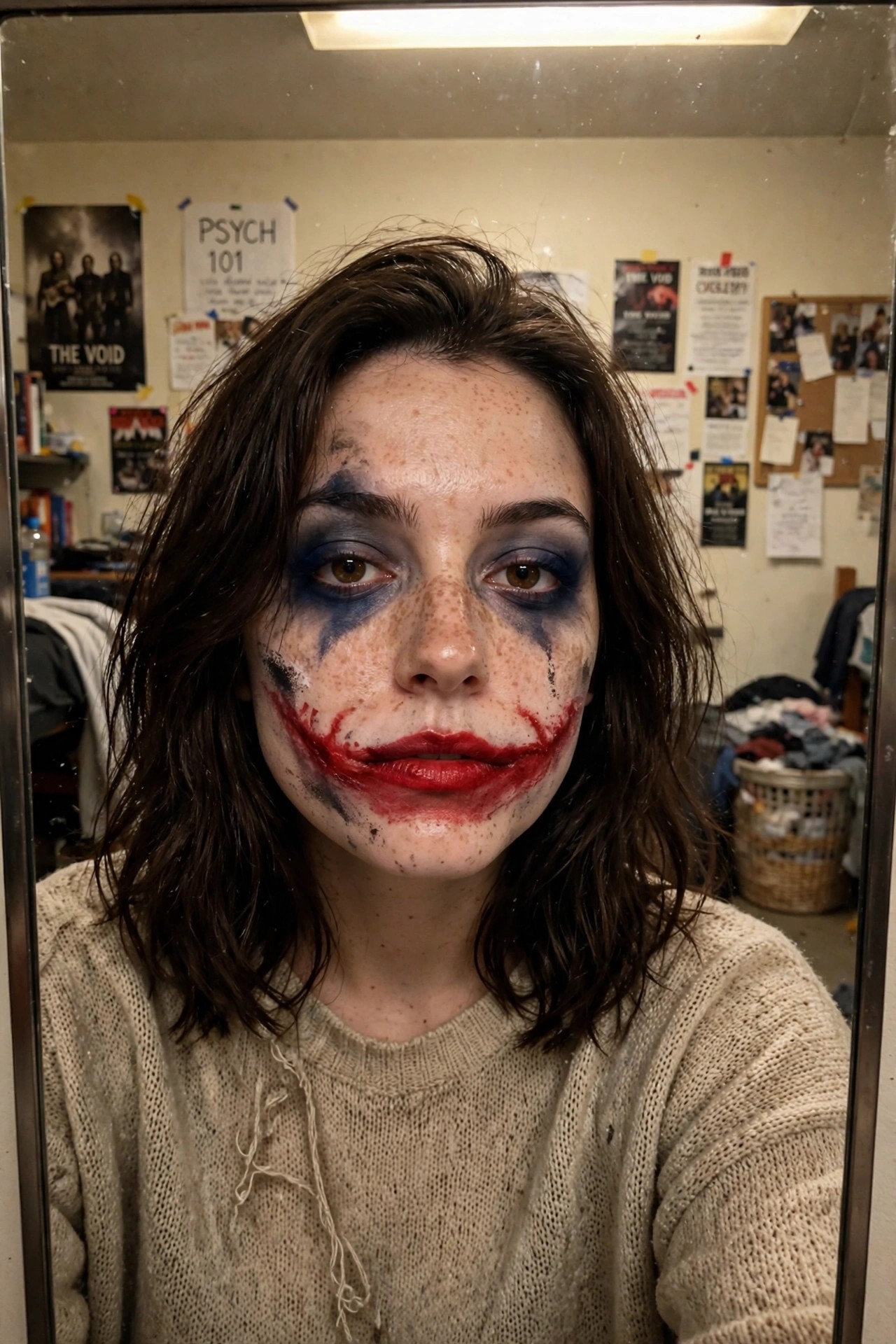 Close up of Joker inspired Halloween makeup with white face paint, extended red smile, blue eye makeup with black streaks, and visible freckles.