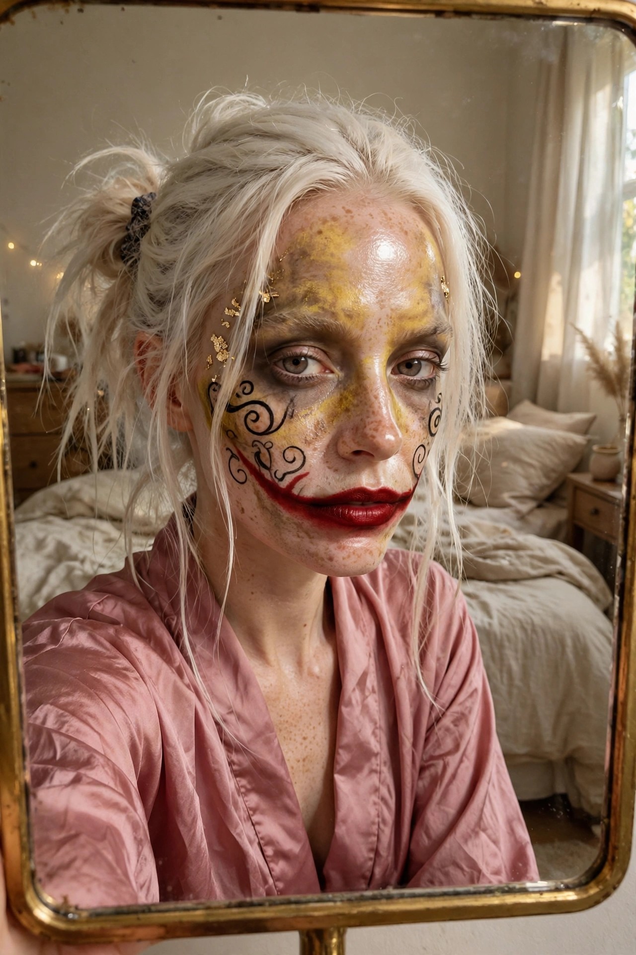 Close-up of Joker style makeup featuring yellow face paint, black swirling lines, extended red smile, and scattered gold flakes on a light-haired person.