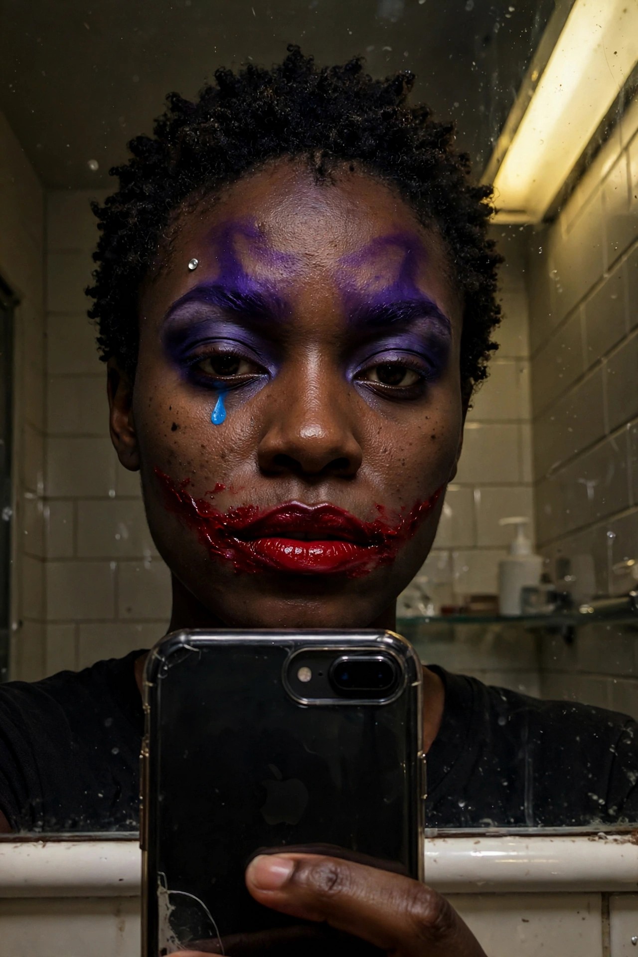 Close up mirror selfie showing Joker inspired makeup with purple jagged brows and forehead lines, blue teardrop under one eye, and wide red smeared smile extending past the lips.