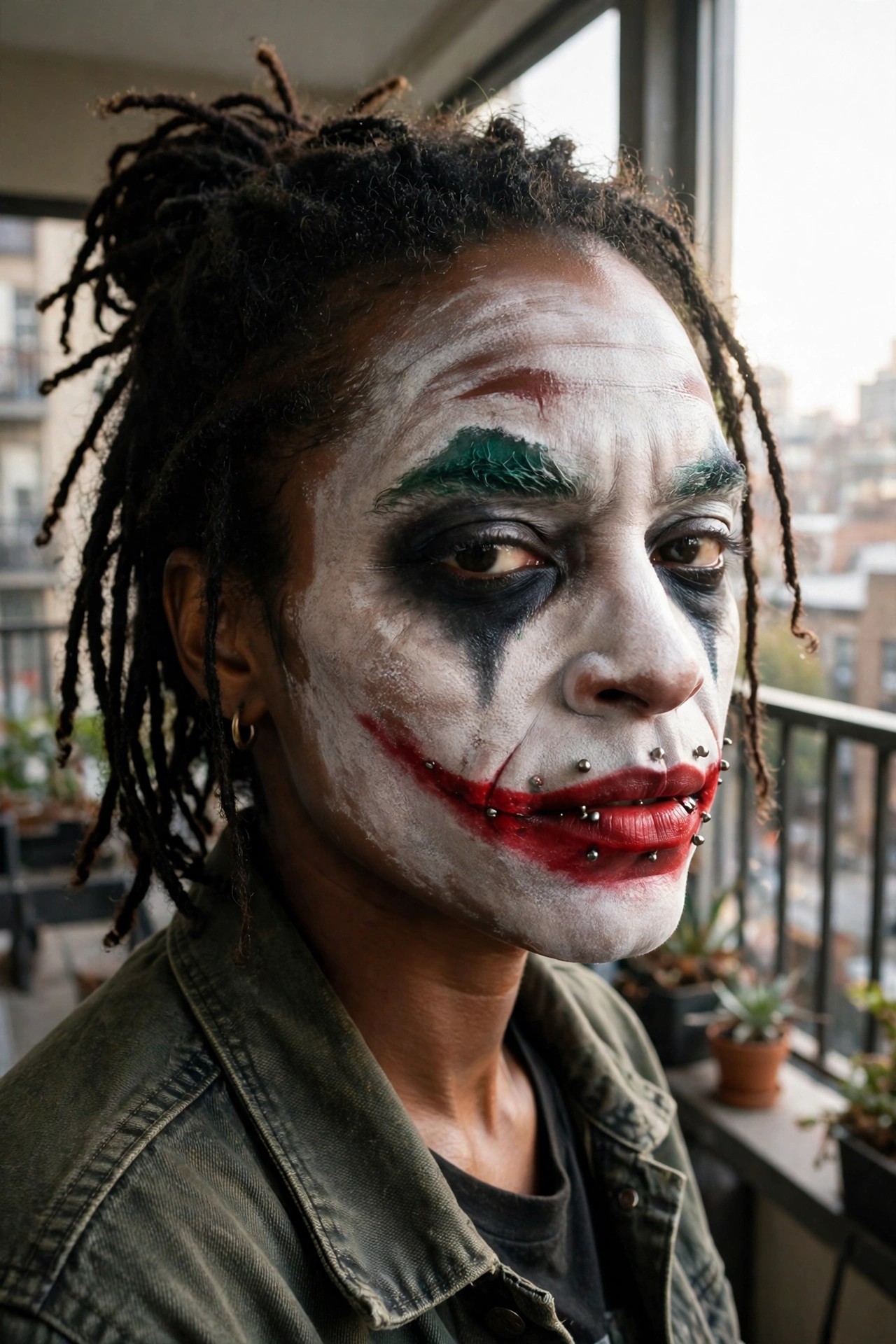 Close-up of Joker makeup featuring white face paint, black eye shading, green eyebrows, and a red smile outlined with multiple lip piercings.