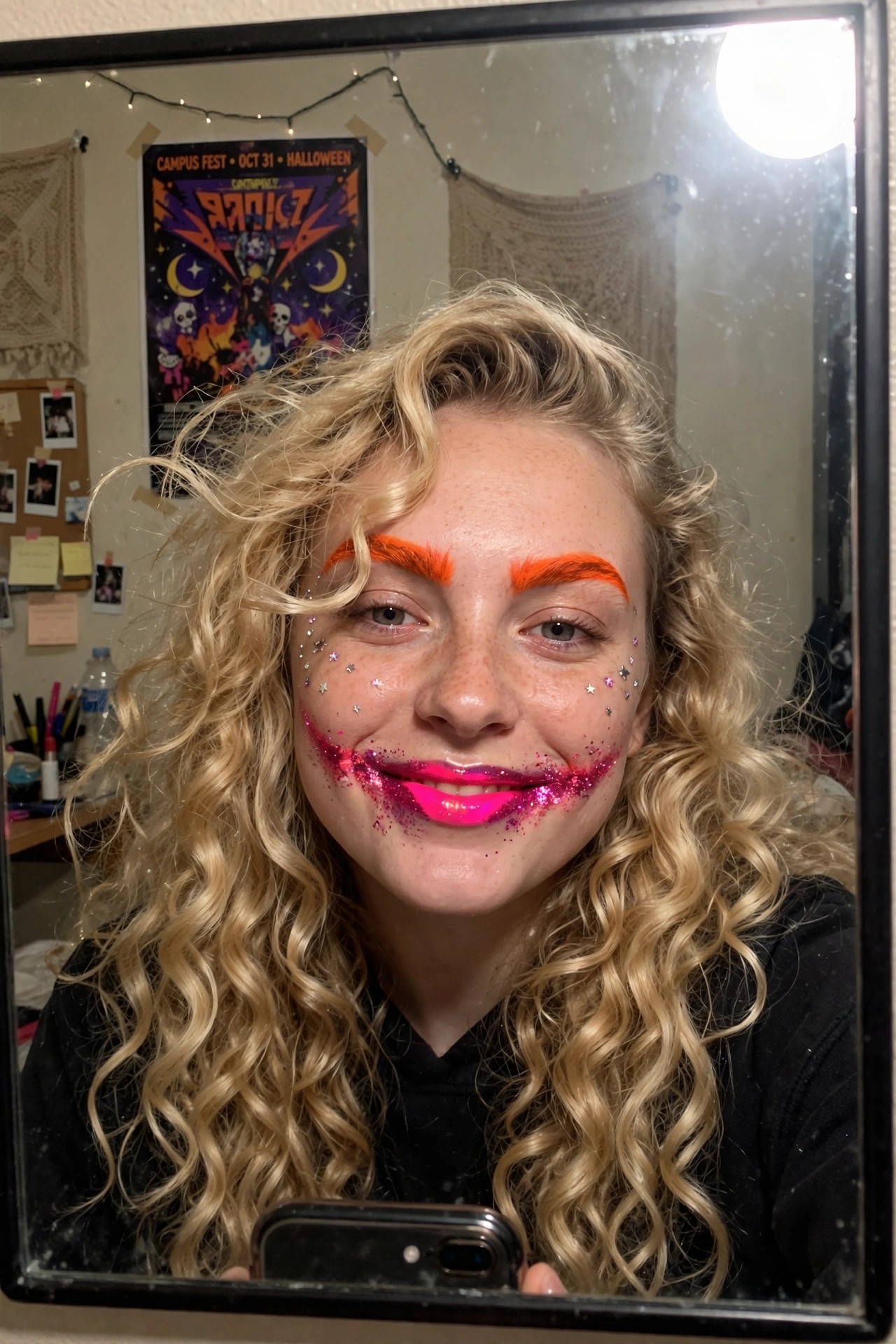 Close up of a woman with curly blonde hair wearing bright orange filled eyebrows, silver and pink star glitter on her cheeks, and hot pink glitter dripping from the corners of her mouth in a Joker style smile.