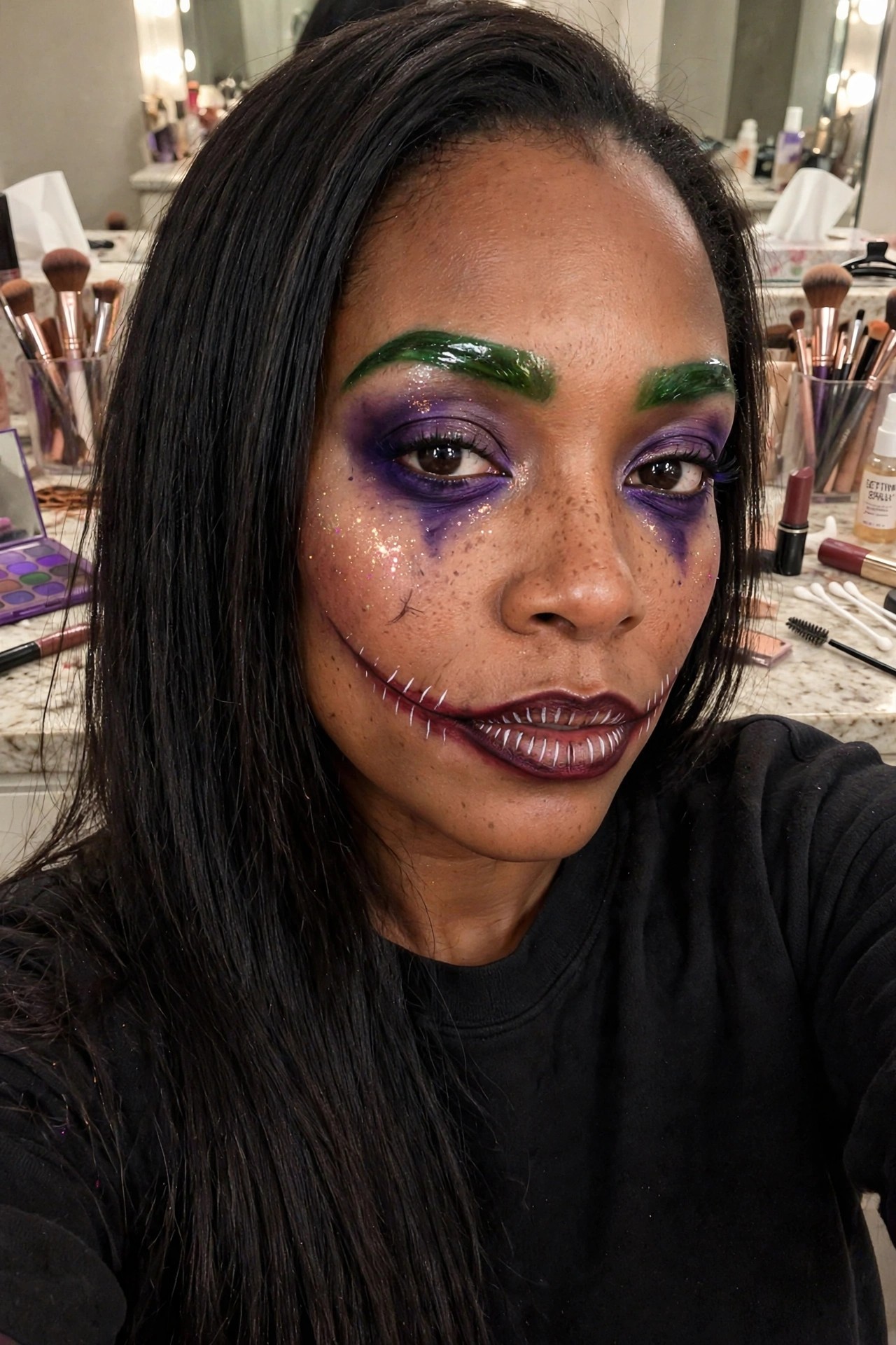 Close up of Joker inspired makeup with green glossy brows, heavy purple eyeshadow, white stitched mouth lines, dark lips, glitter on cheeks, and small scar details on the face.