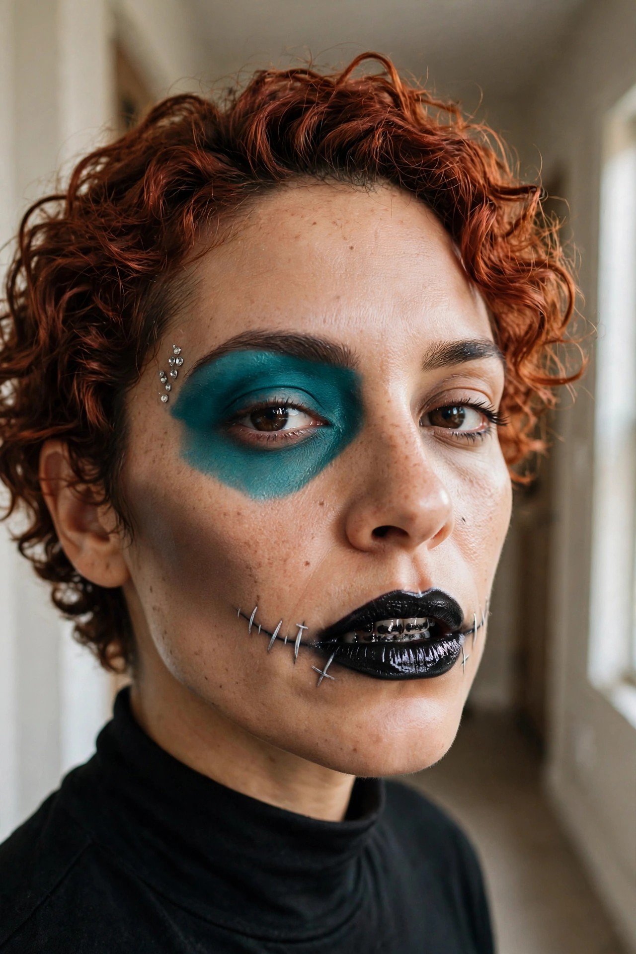 Close up of teal eyeshadow on one eye with rhinestones and black glossy lips detailed with silver stitched safety pin makeup across the mouth and cheek.