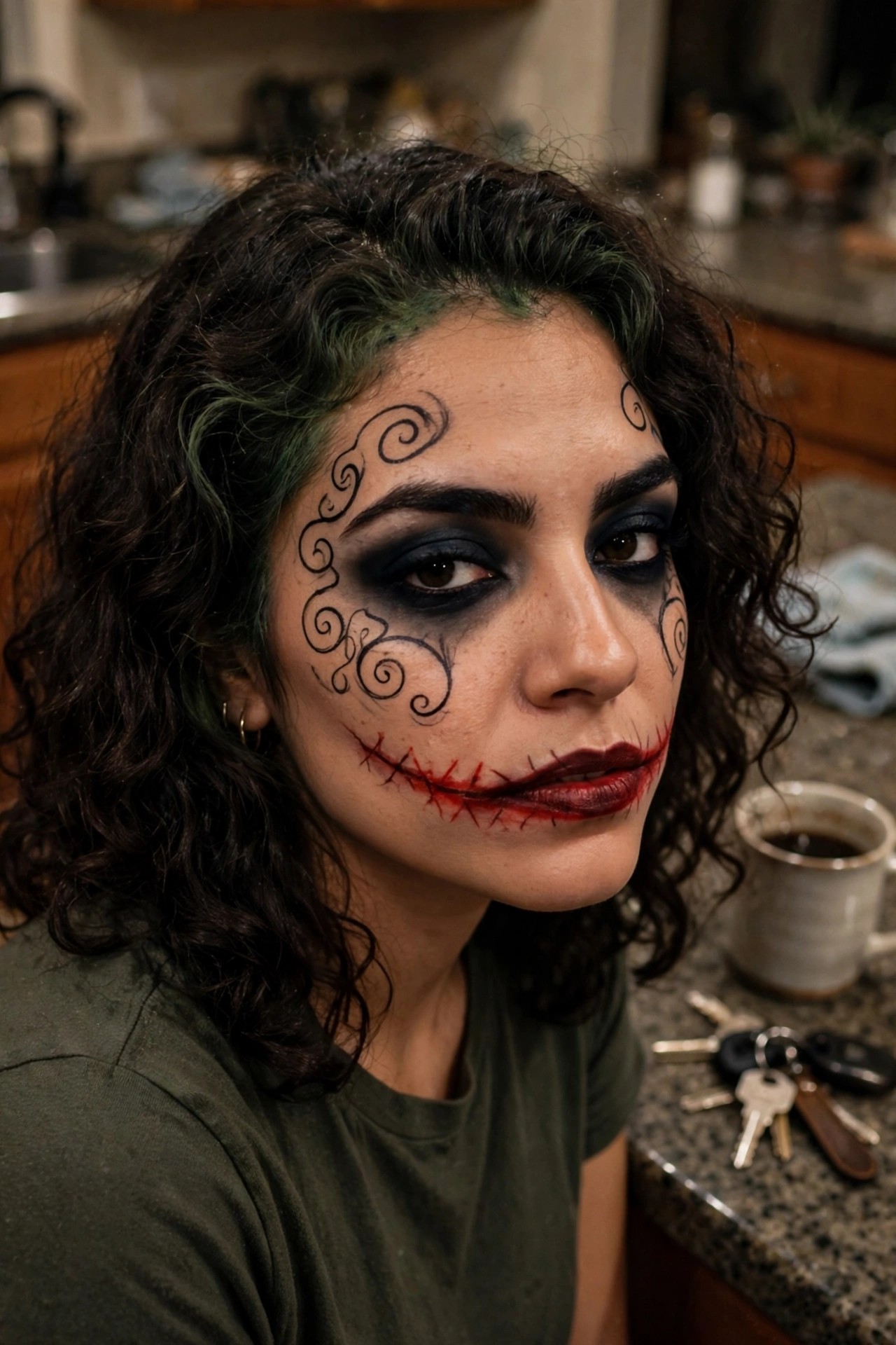 Close-up of Joker-inspired makeup with black swirling patterns on the cheek, stitched red mouth line, dark smoky eyes, and green hair tint visible at the hairline.