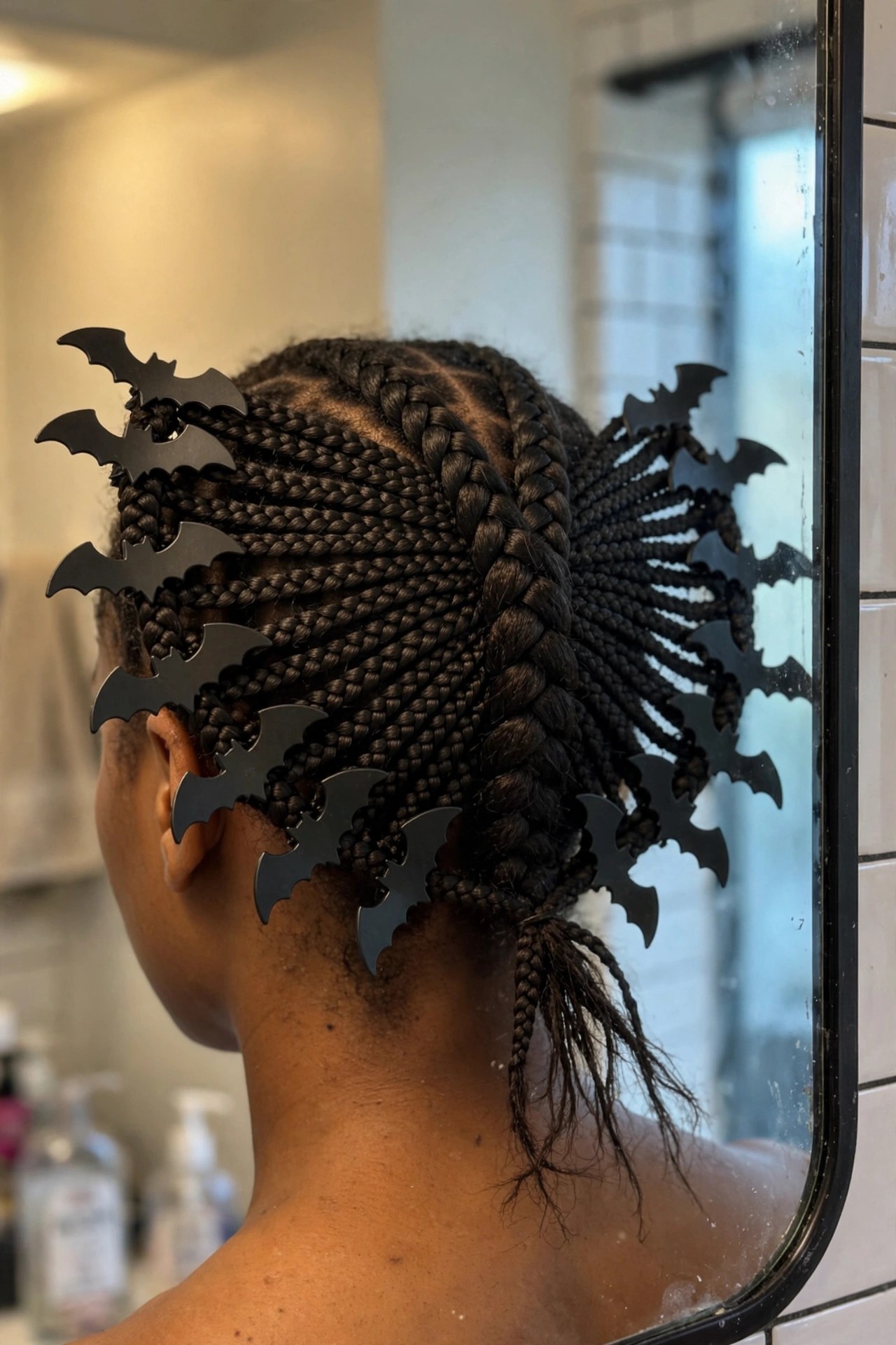 Back view of braided cornrows gathered into a fan shape with black bat shaped clips arranged along the side and back, ending in a small braid ponytail.
