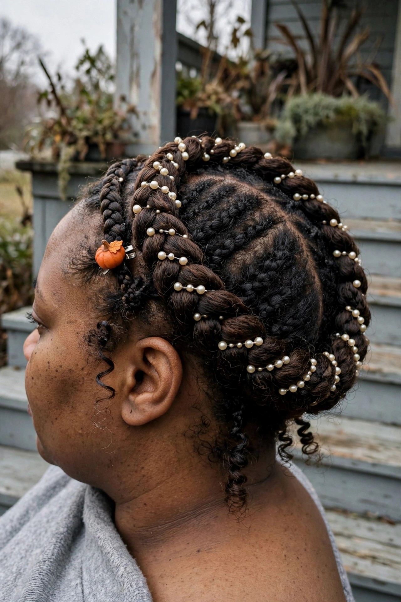 Close side view of dark brown cornrows and twists gathered into an updo, decorated with rows of small white pearl beads and one small orange pumpkin hair clip.