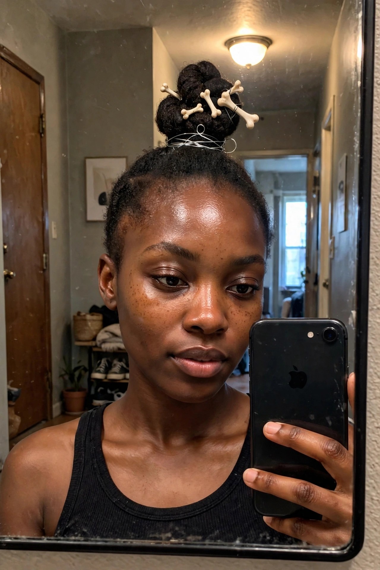 Woman with natural textured hair in a high bun decorated with small white bone accessories and wire at the base.