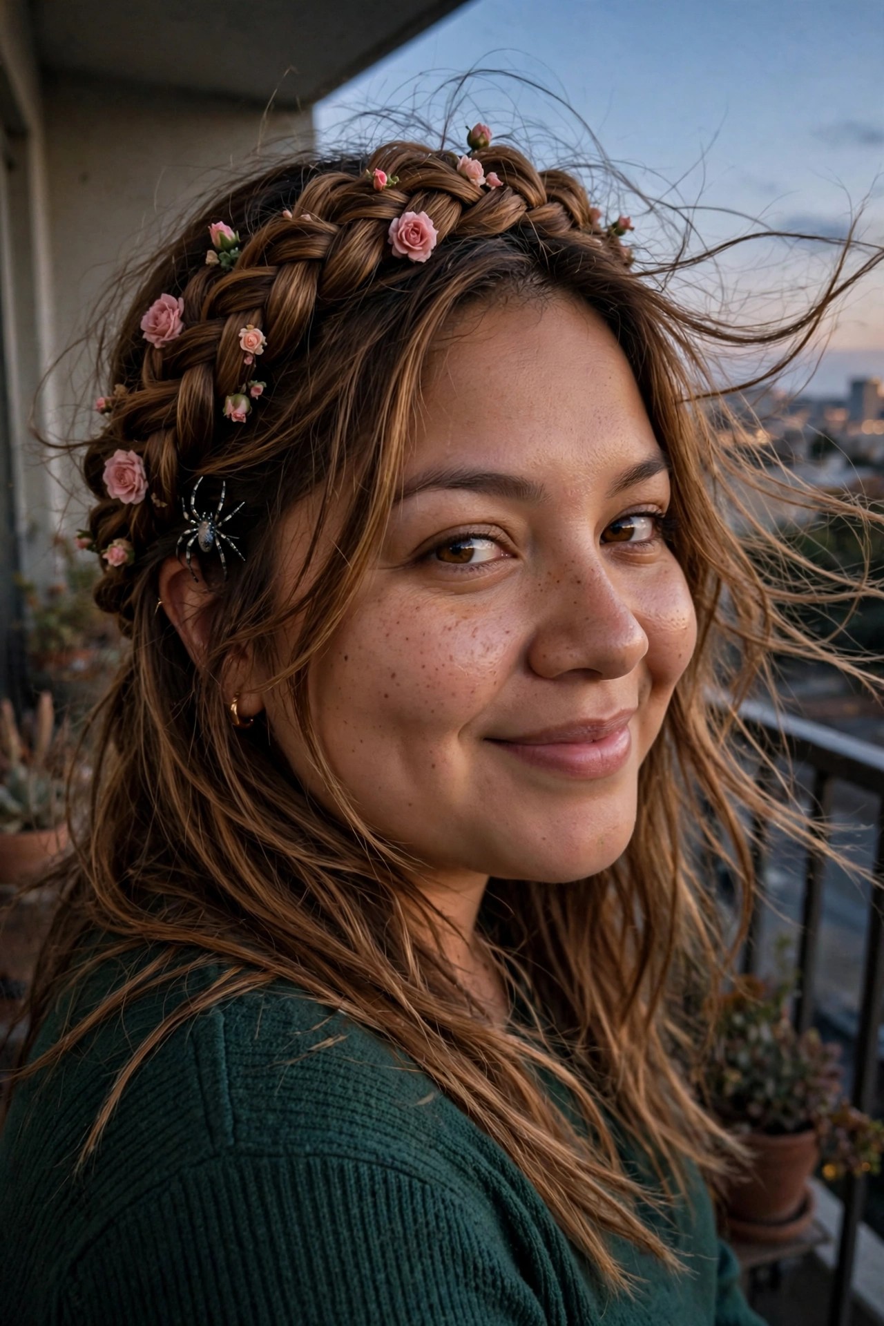 Woman with brown hair in a braided crown hairstyle featuring small pink roses woven throughout and a spider-shaped hair clip on the side.
