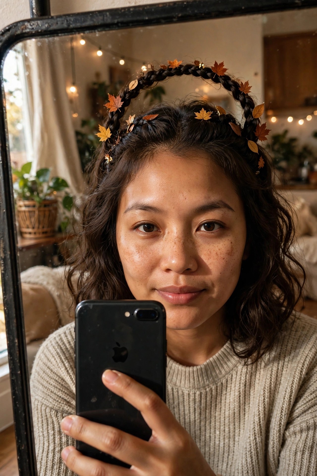 Woman wearing a thick dark braid shaped into a halo crown over her head decorated with small orange and brown maple leaves and gold accents.